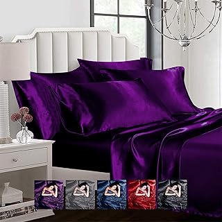 Ahmedani Linen Sexy Satin Sheet 6 Pcs Queen Bedding Set 1 Duvet Cover + 1 Fitted Sheet + 4 Pillow Cases Purple Queen