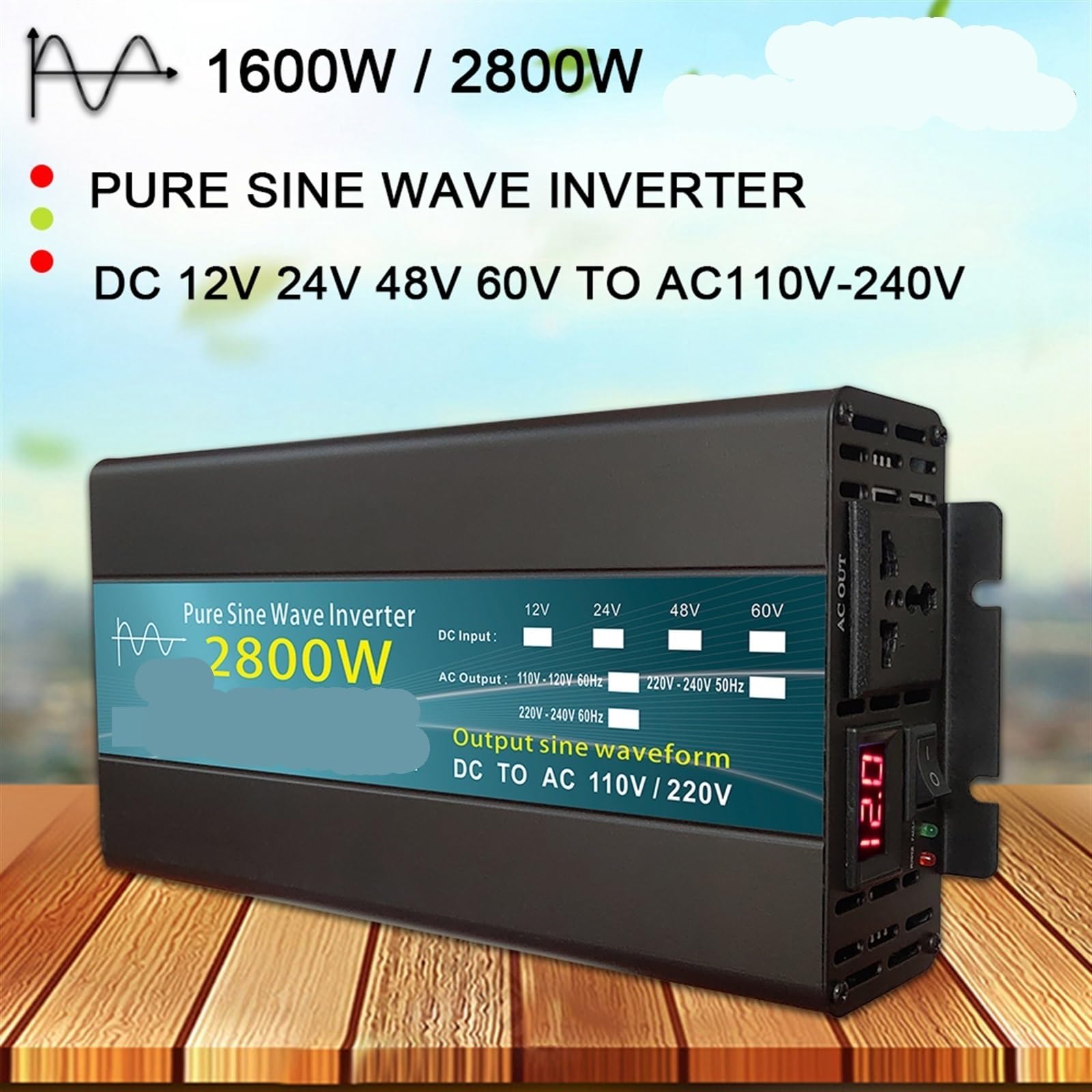 Falownik mocy Czysta fala sinusoidalna przetwornica DC 12 v/24 v do AC 1000W 1600W 3000W konwerter mocy transformator napięcia inwerter słoneczny wyświetlacz LED(2800W,24V)