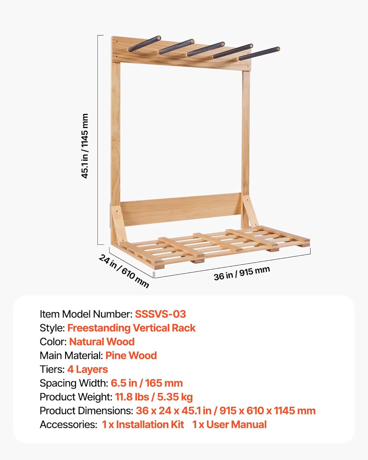 VEVOR Natural Pinewood Vertical Surfboard Stand – Freestanding Padded Rack for Longboards & Shortboards, Indoor Surfboard Holder for Garage, Home, or Surf Shop - Image 7