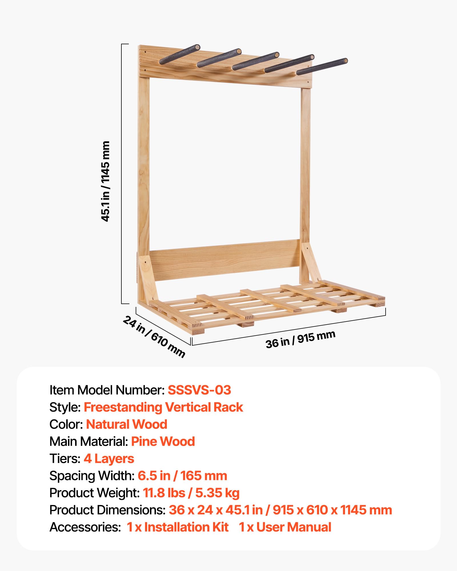 VEVOR Soporte Vertical para Tablas de Surf, Estante de Madera de 4 Niveles para Almacenamiento y Exhibición