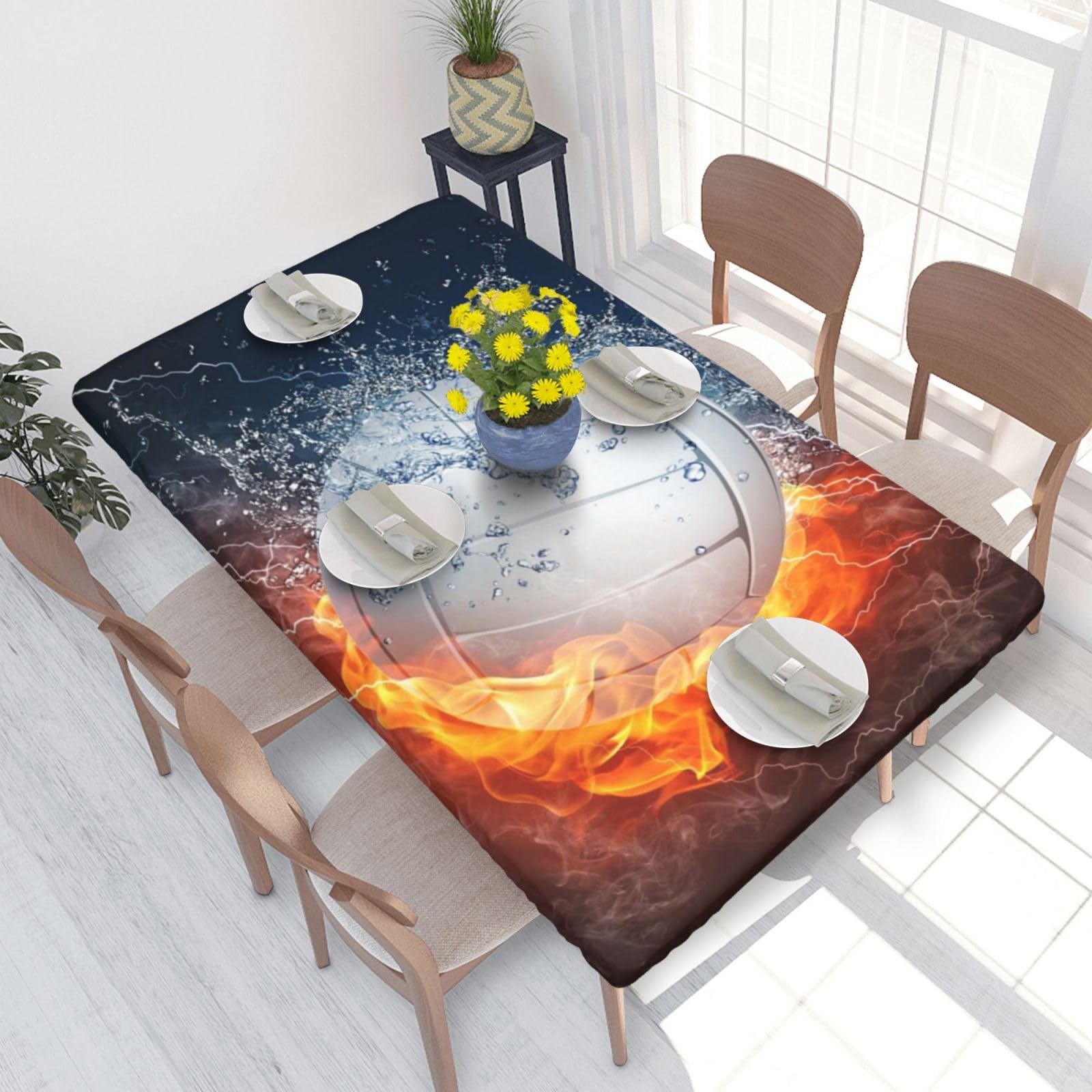 BNVSADC Ice and Fire Volleyball Printed 4FT Tablecloth 122x76 CM Polyester Kitchen Water Resistant Table Cloth Dining Table Decoration Table Covers