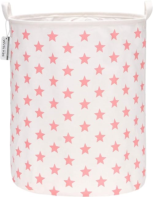 Sea Team 19.7 Inch Large Sized Waterproof Coating Ramie Cotton Fabric Folding Laundry Hamper Bucket Cylindric Burlap Canvas Storage Basket with Stylish Pink Star Design