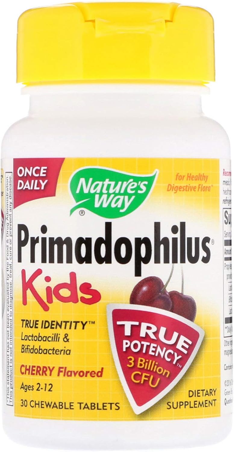 Nature's Way Primadophilus Probiotic Chewables for Kids, Supports Healthy Digestive Flora*, for Kids Ages 2+, 3 Billion CFU, 30 Cherry Flavored Chewables (Packaging May Vary) - 2 Pack