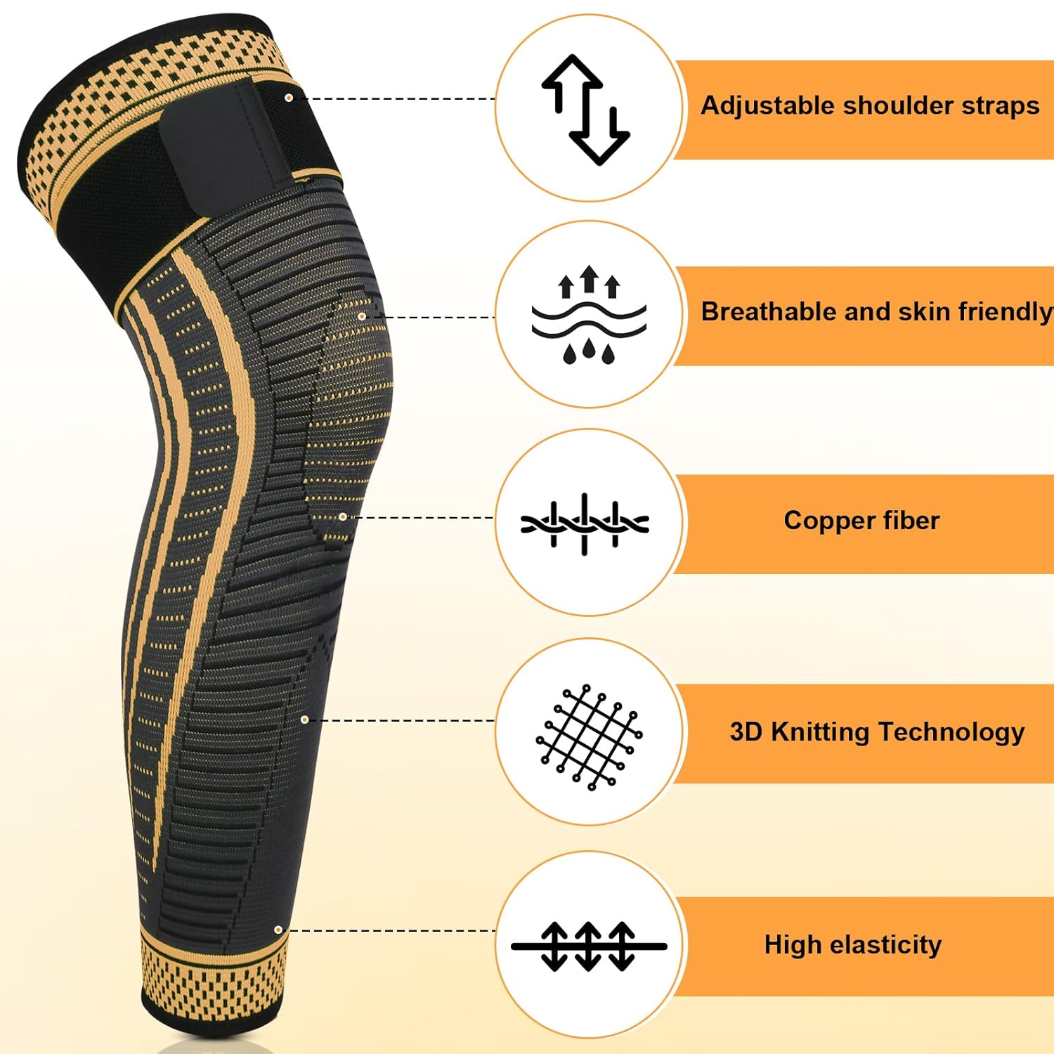 Long Copper Knee Braces for Women and Men Full Leg Compression Sleeves Anti Sliping Ventilation Long Knee Support with Wraps for ACJ, PCL, Meniscus Tear, Arthritis (Copper, XX-Large) - Image 2