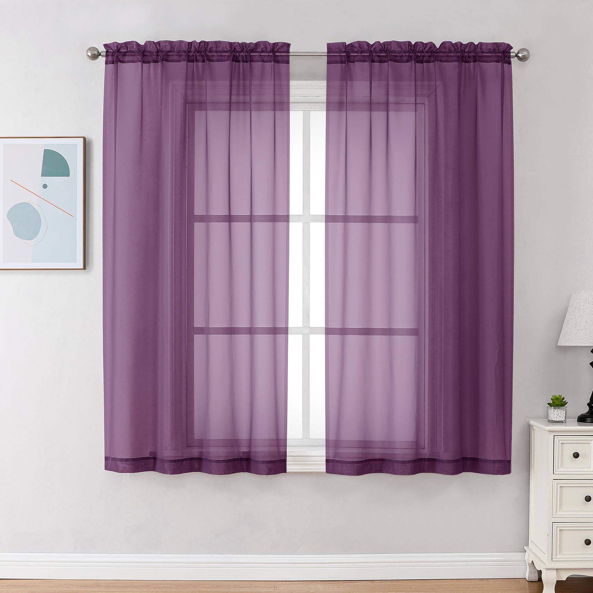 Chyhomenyc Plum Sheer Curtains 63 Inch Length 2 Panels, Rod Pocket Solid Window Sheer Curtain Panels, Elegant Curtains & Drapes for Living Room Bedroom 2 Panels (Plum, 42 W x 63 L)