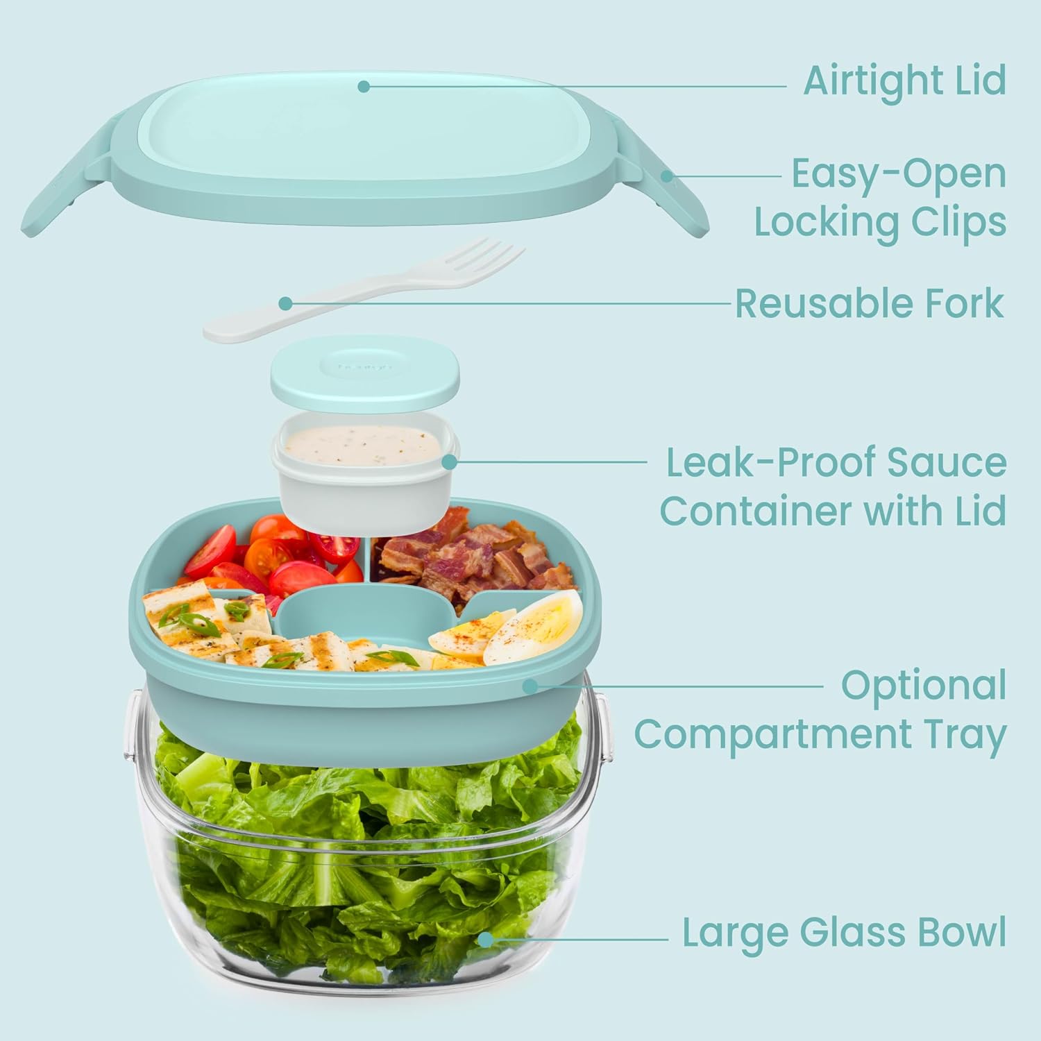 Bentgo Glass Salad Container with Airtight Lid & Leak-Proof Sauce Cup | 7.6-Cup Salad Bowl, 4-Compartment Bento Tray & Reusable Fork, BPA-Free for Meal Prep, Office & More (Coastal Seaglass)