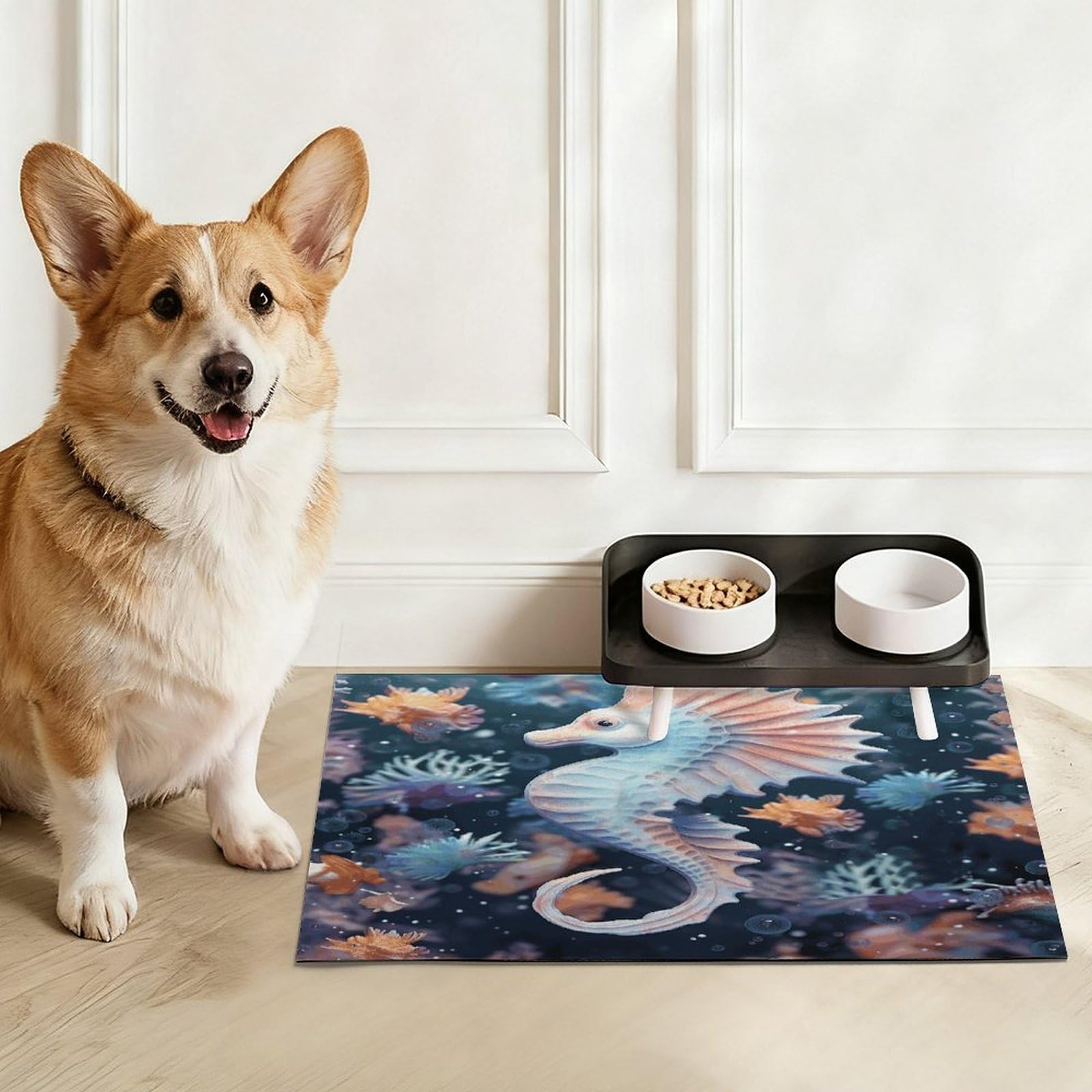 Tapis de nourriture pour chat hippocampe et étoile de mer - Antidérapant - Facile à nettoyer pour la nourriture et l'eau - 43,2 x 76,2 cm
