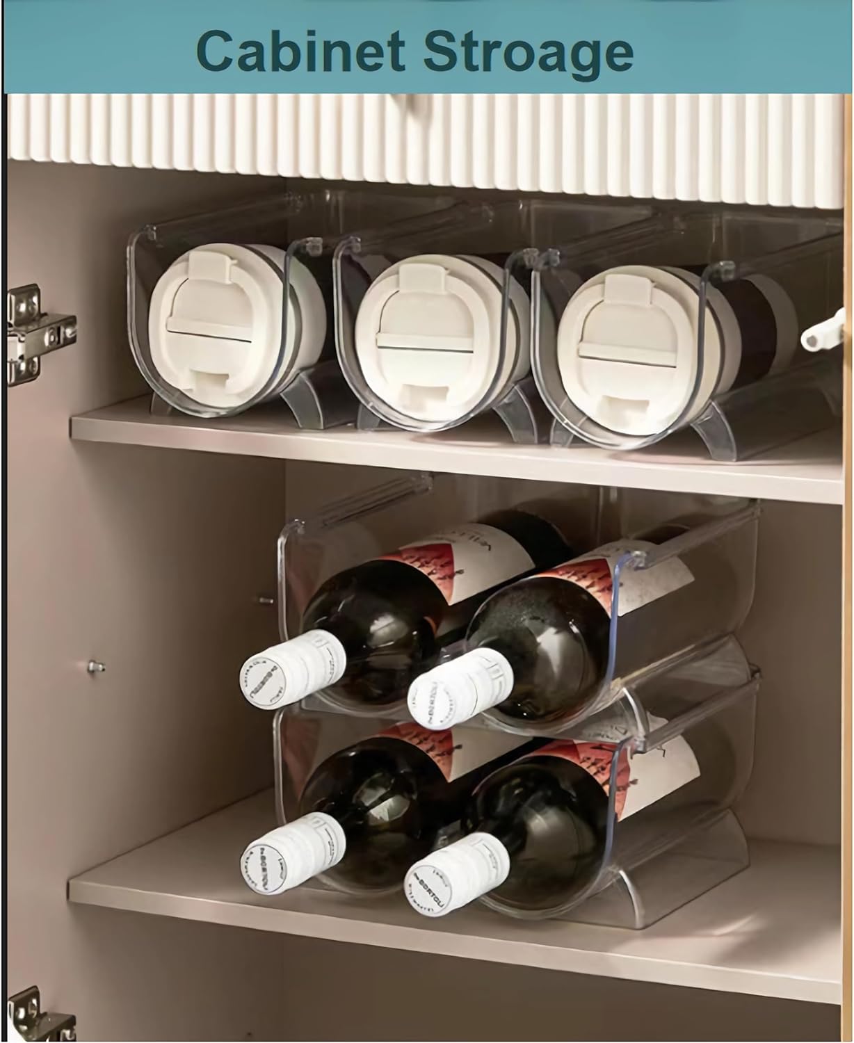 Water Bottle Organizer for Cabinet, Wine Bottle Rack Holder, 2 Tier Stackable Water Bottle Storage Rack and Drink Organizer Stand for Refrigerator, Kitchen