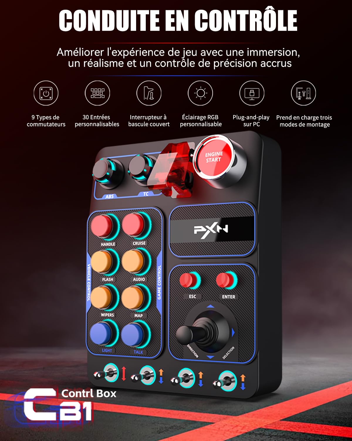 PXN CB1 Boîtier de Boutons - Panneau Latéral de Volant, Controller Auxiliaire ETS2 - Pour PC | +19 Boutons Assignables, RGB, USB | Button Box pour Simulateur de Camion, Course, Vol et Agricoles | Pour jeux simu racing, camion, vol, ferme