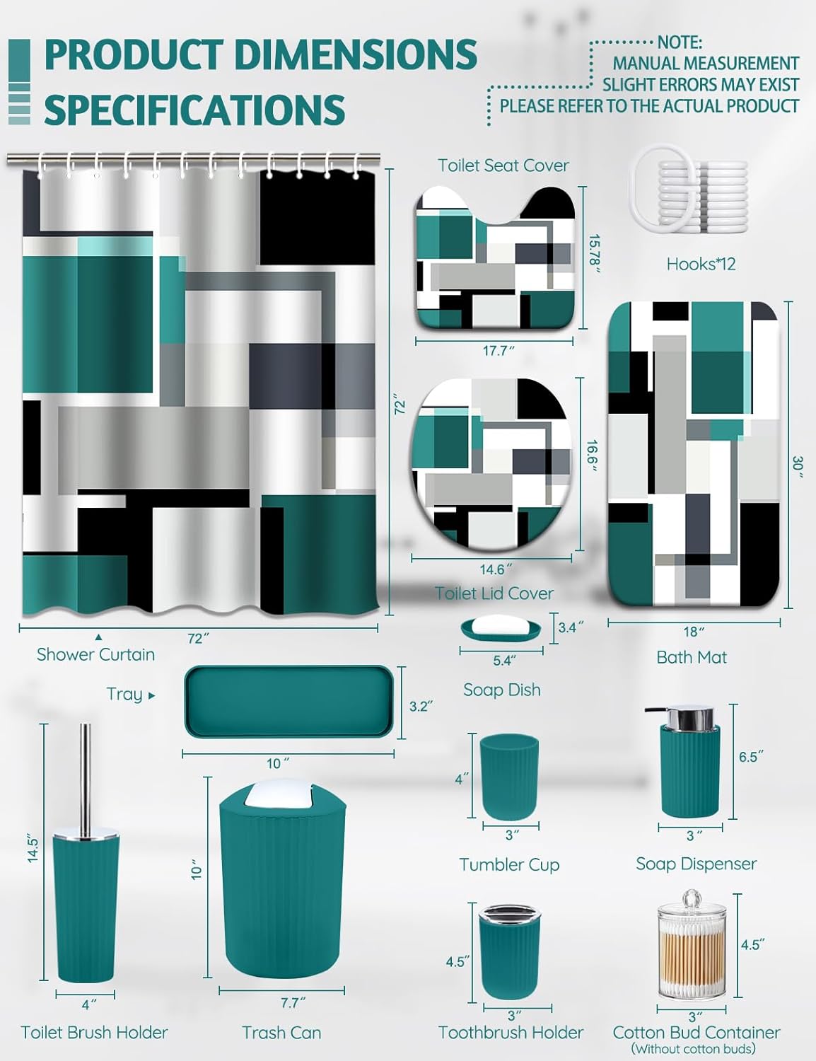 Lnond Teal Bathroom Set, 24 Piece Turquoise Modern Bathroom Decor Set with with Shower Curtain and Rugs, Trash Can, Toilet Brush Holder Set & Soap Dispenser