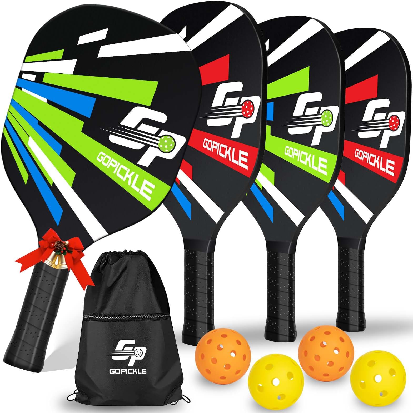 GoPickle Pickleball Paddles, Pickleball Set of 4 Premium Wooden Pickleball Paddles with 4 Pickleball Balls & Waterproof Carry Bag, Outdoor Pickle Ball Rackets for Beginners, Gifts for Men Women