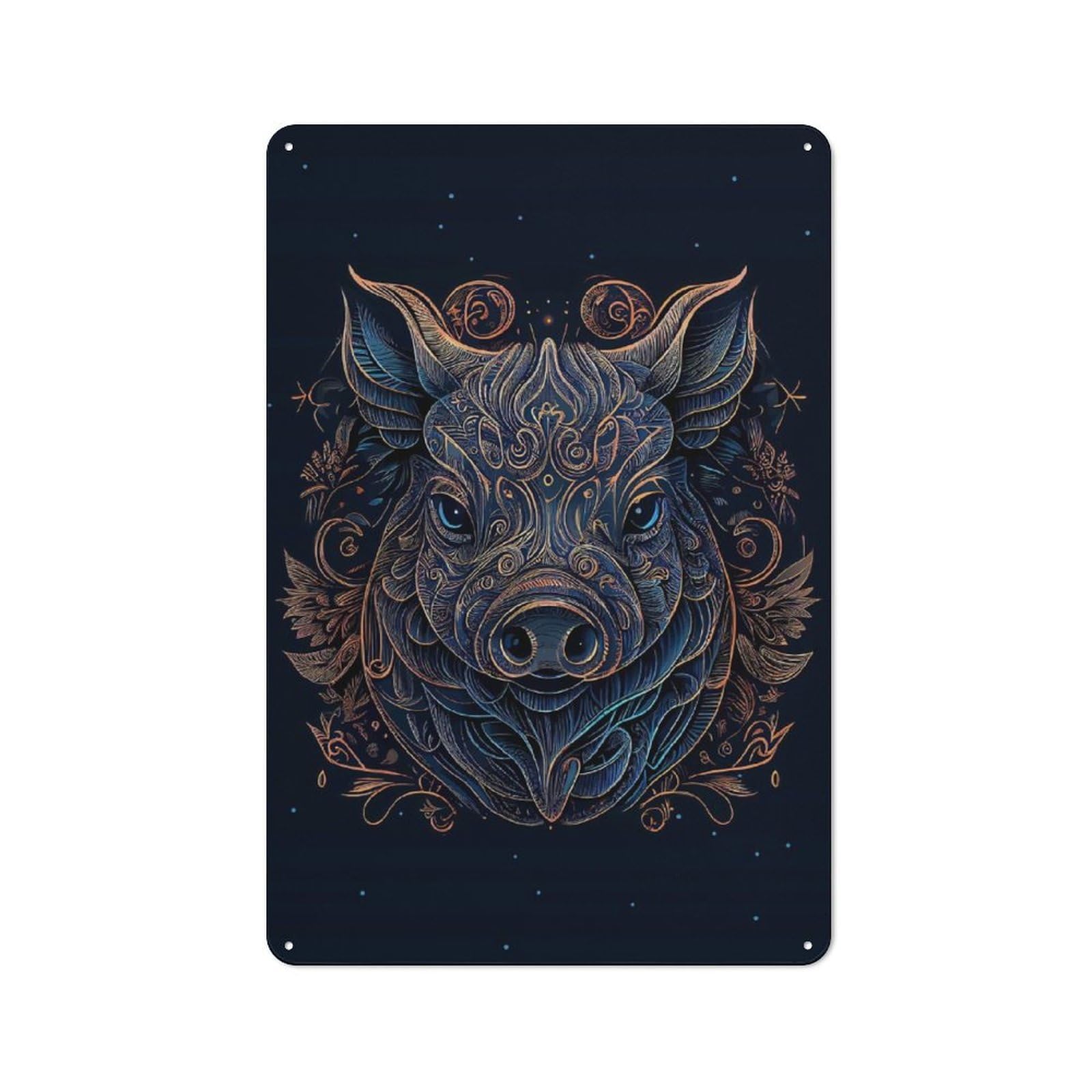 Retro Metal Sign with Chinese New Year Pig Design 30x20cm, Distressed Look Retro Room Decor for Living Room, Hallway, Kitchen Or Cafe