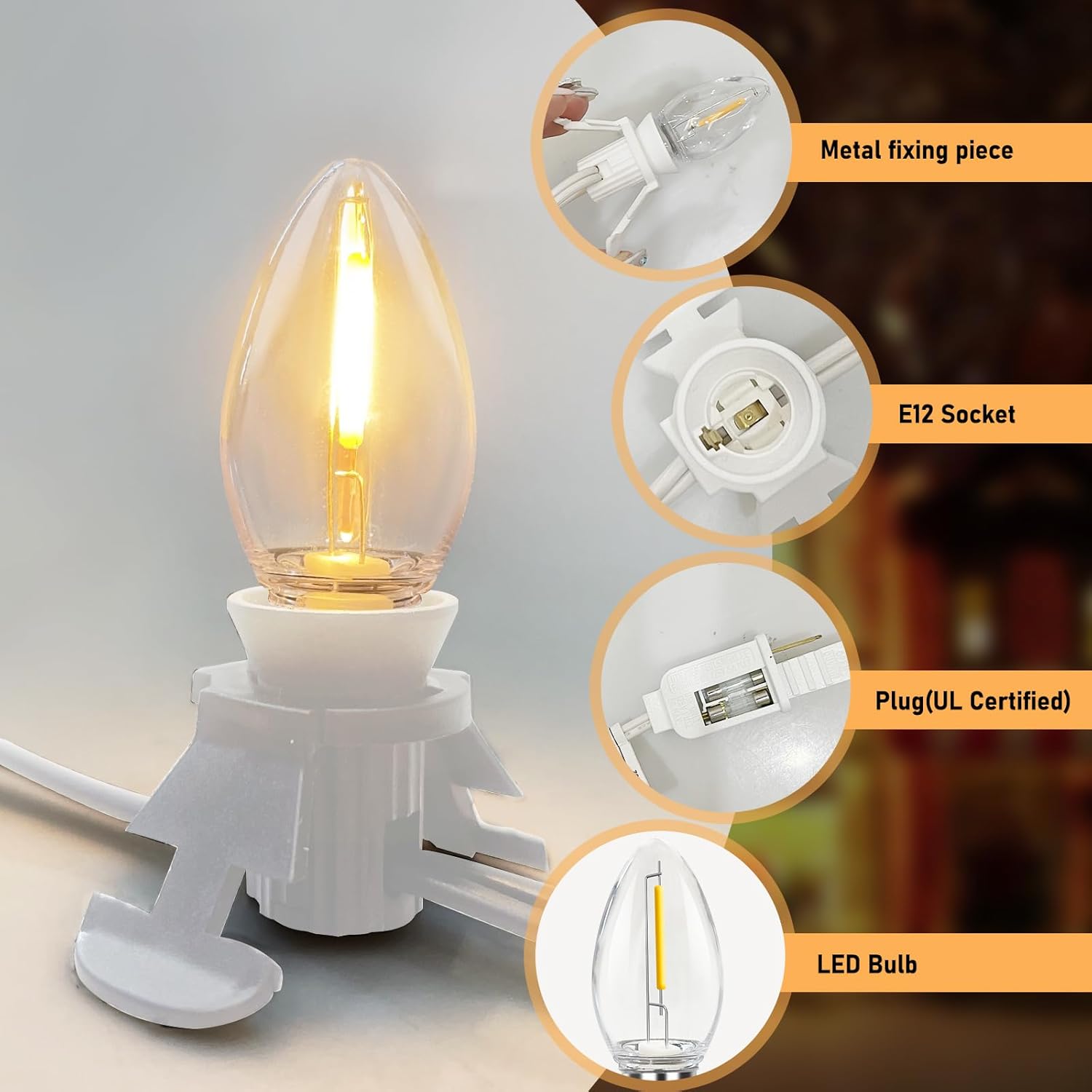Accessory Cord with 9 LED Light Bulb and Female Plug, 15 Ft Christmas Village Light Cord with Clip, C7 Led Night Lights for Indoor Crafts Halloween Pumpkin Christmas Village House Decor, White Wire