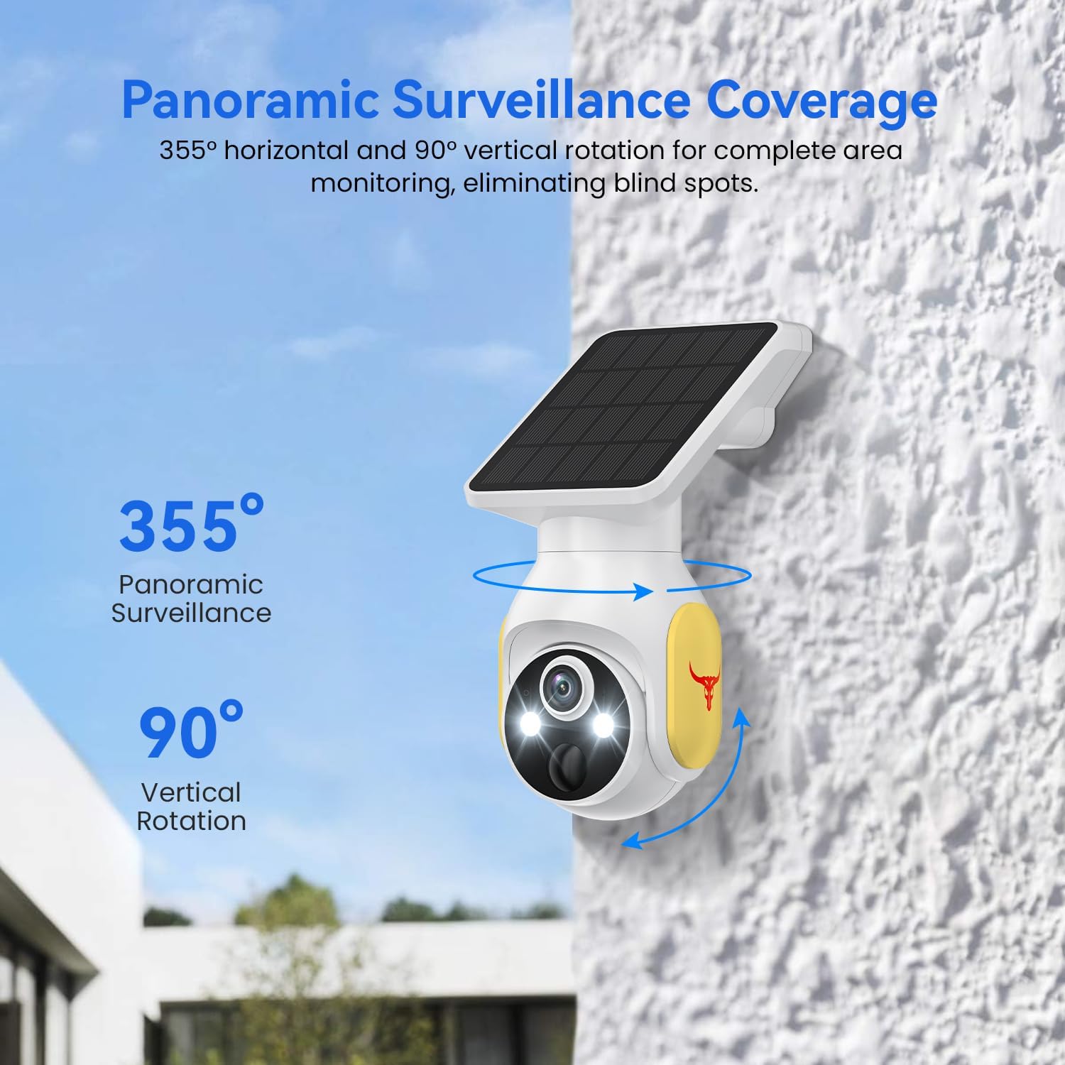 HopeFlex 4G LTE Cellular Security Camera demonstrating 355° panoramic surveillance and 90° vertical rotation.