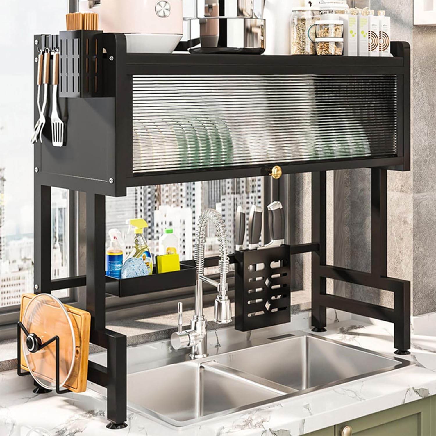 Over The Sink Dish Drying Rack, 3-Tier Carbon Steel Kitchen Storage Cabinet with Cover, 33.46" Heavy-Duty Large Capacity Dish Drain Shelf for Kitchen Sink Organization