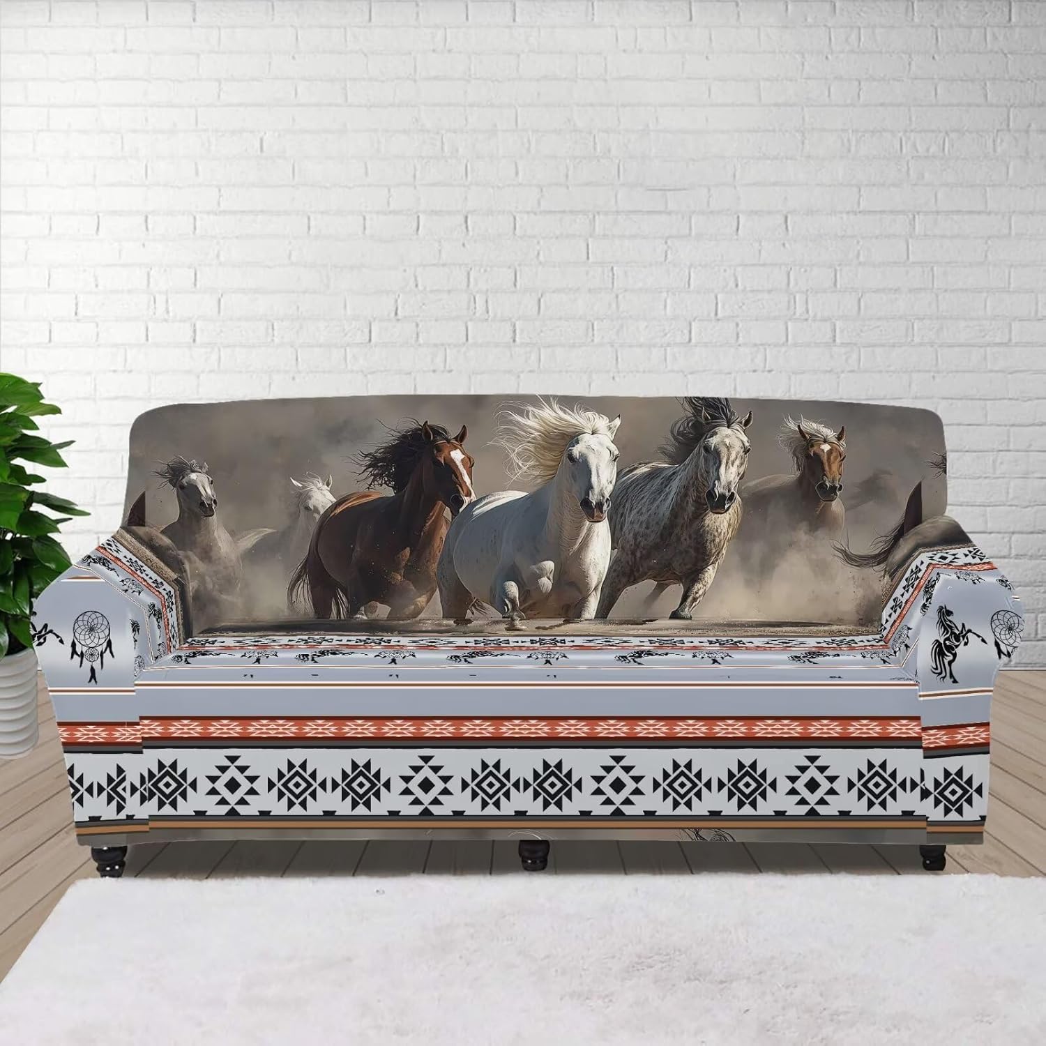 Aztec Horse Couch Covers for 3 Cushion Couch Washable Sofa Slipcovers Dragonfly Sofa Covers Washable Aesthetic Slipcovers with Elastic and Non Skid Foam