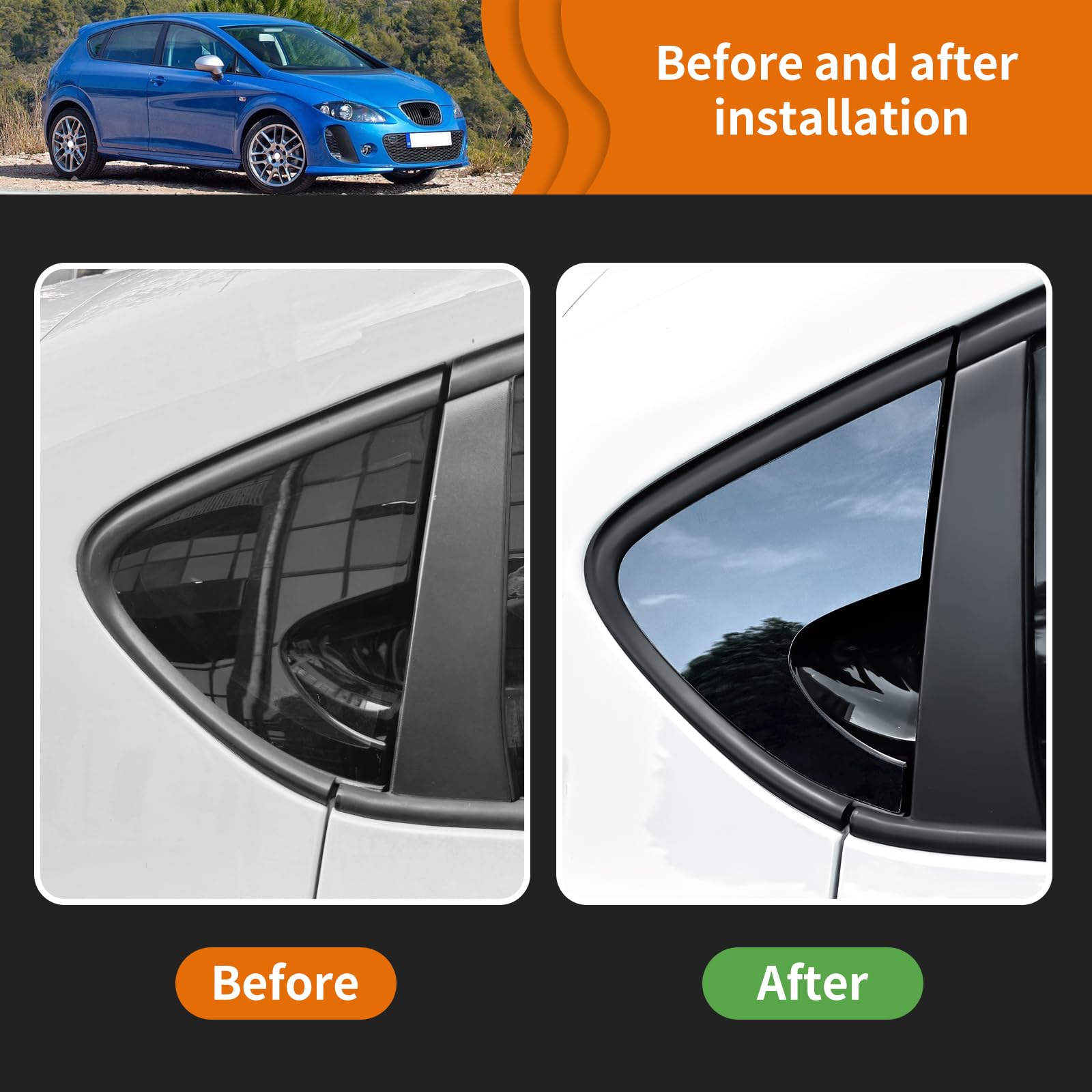 KUNGKIC Para Seat Leon 2005-2012 Coche Ventana Trasera Triangular Pegatina Exterior Decorativa Accesorios Regalo, ABS (Negro)