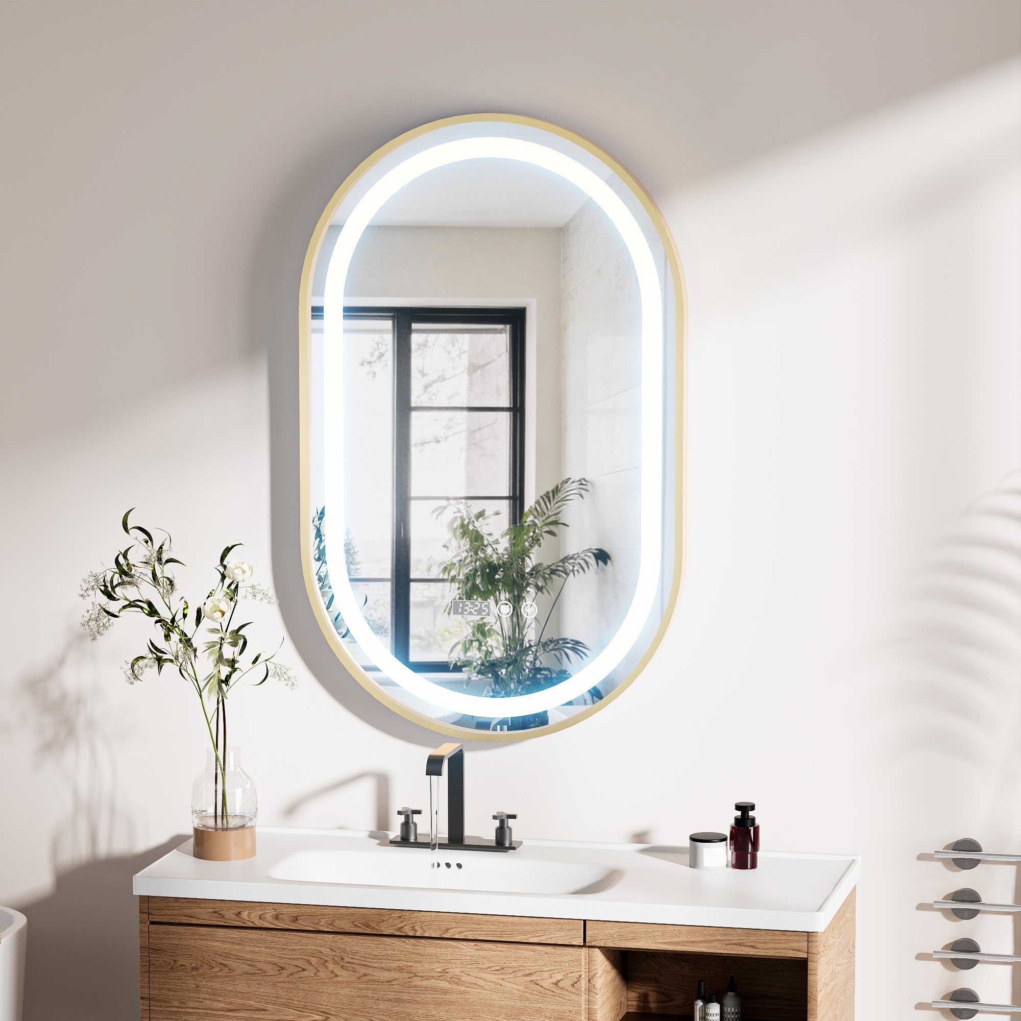 Espejo Baño con Luces y Función de Desempañado 50x80 cm Ovalada LED Espejo de Pared con Reloj y Pantalla de Temperatura para Baño (Enchufe- EU)