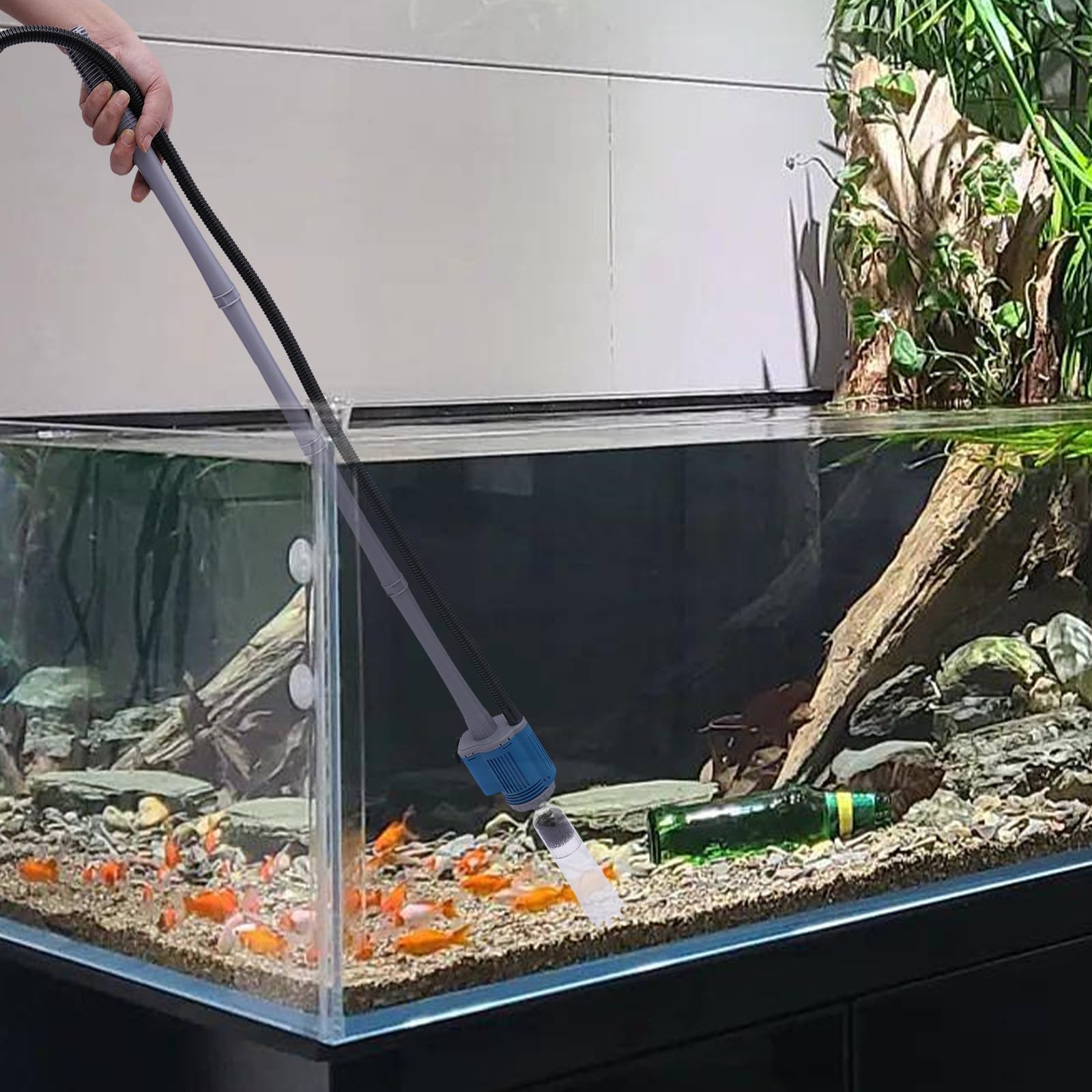 Limpiador de grava automático para acuario, 28 W, 1700 l/h, limpiador de grava para acuario, con 4 tubos de extensión, boquilla de pato giratoria 360°, juego multifunción para cambio de agua y