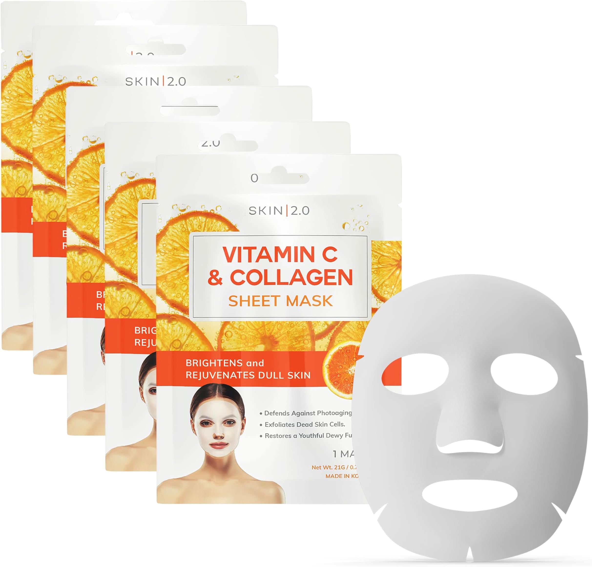 Vitamin C & Collagen Sheet Mask - Anti-Aging, Wrinkle & Age Spot Reducer, Hydrating & Moisturizing - Dermatologist Tested Korean Skincare, Clean Beauty, Cruelty-Free, All Skin Types - 5 Masks