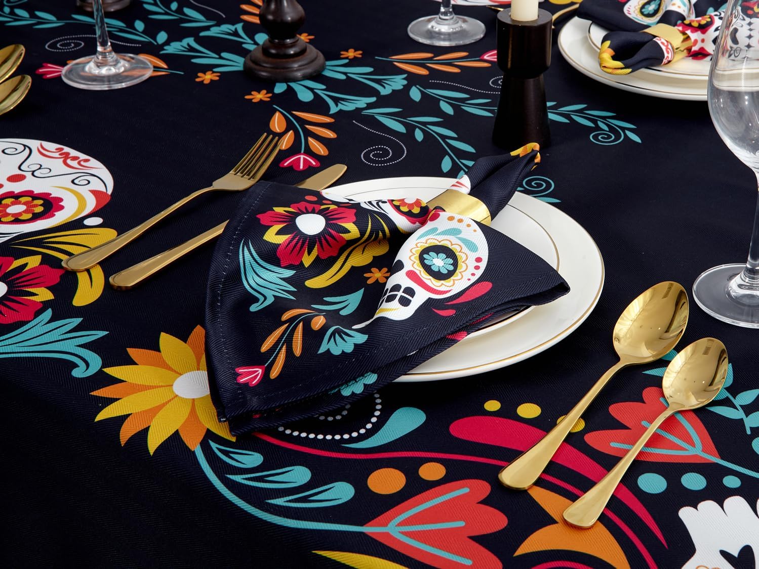 YiHomer Day of The Dead Halloween Tabletop - Dia De Los Muertos Floral Skeleton Mask, Cinco De Mayo Mexican Fiesta Party Home Kitchen Dining Room Decor, Sugar Skull, Tablecloth, 52 x 70 Rectangle