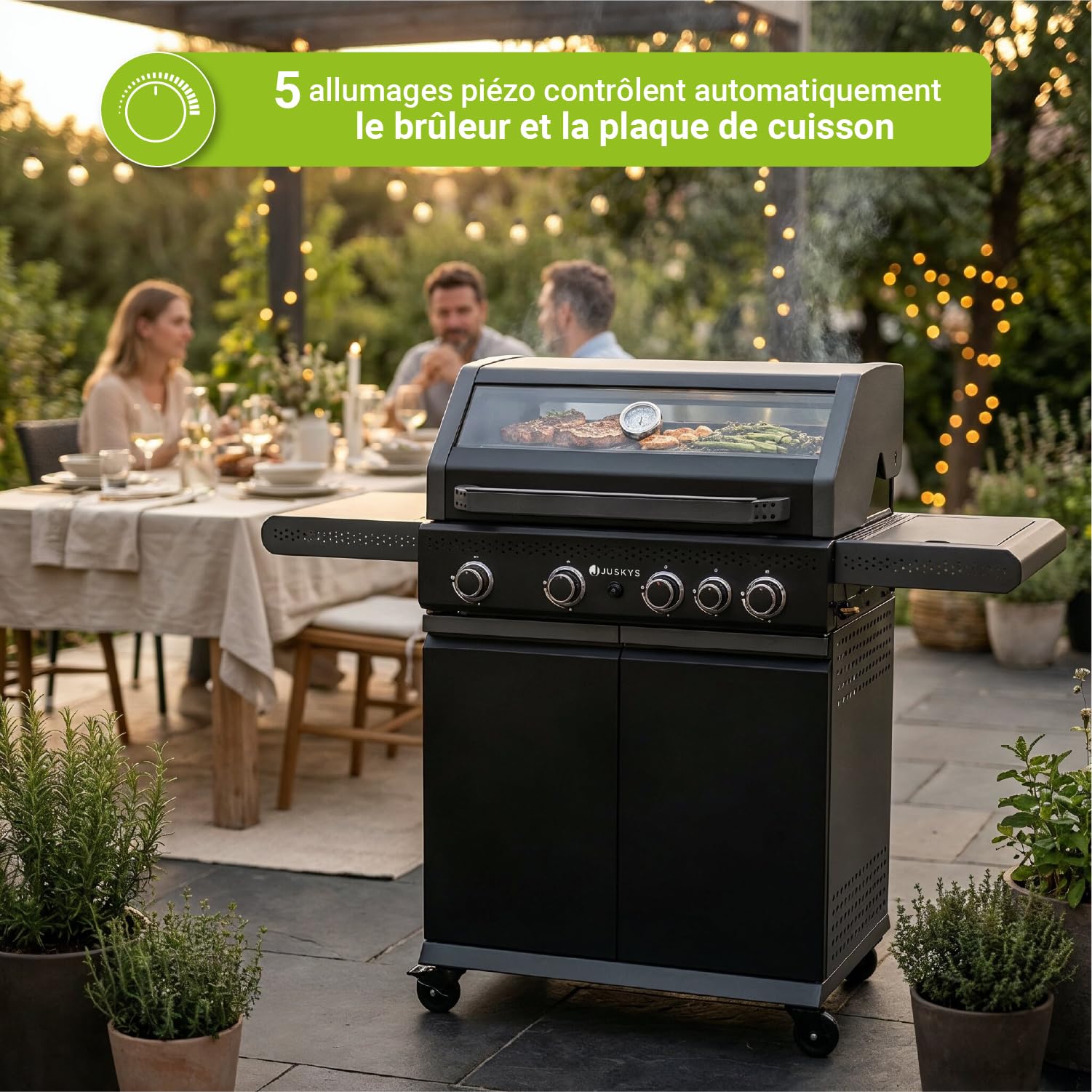 Juskys Barbecue à gaz Savannah - 4 brûleurs et 1 brûleur latéral - XXL en acier avec grille de cuisson en fonte, plaque de cuisson, meuble bas pour bouteille de gaz