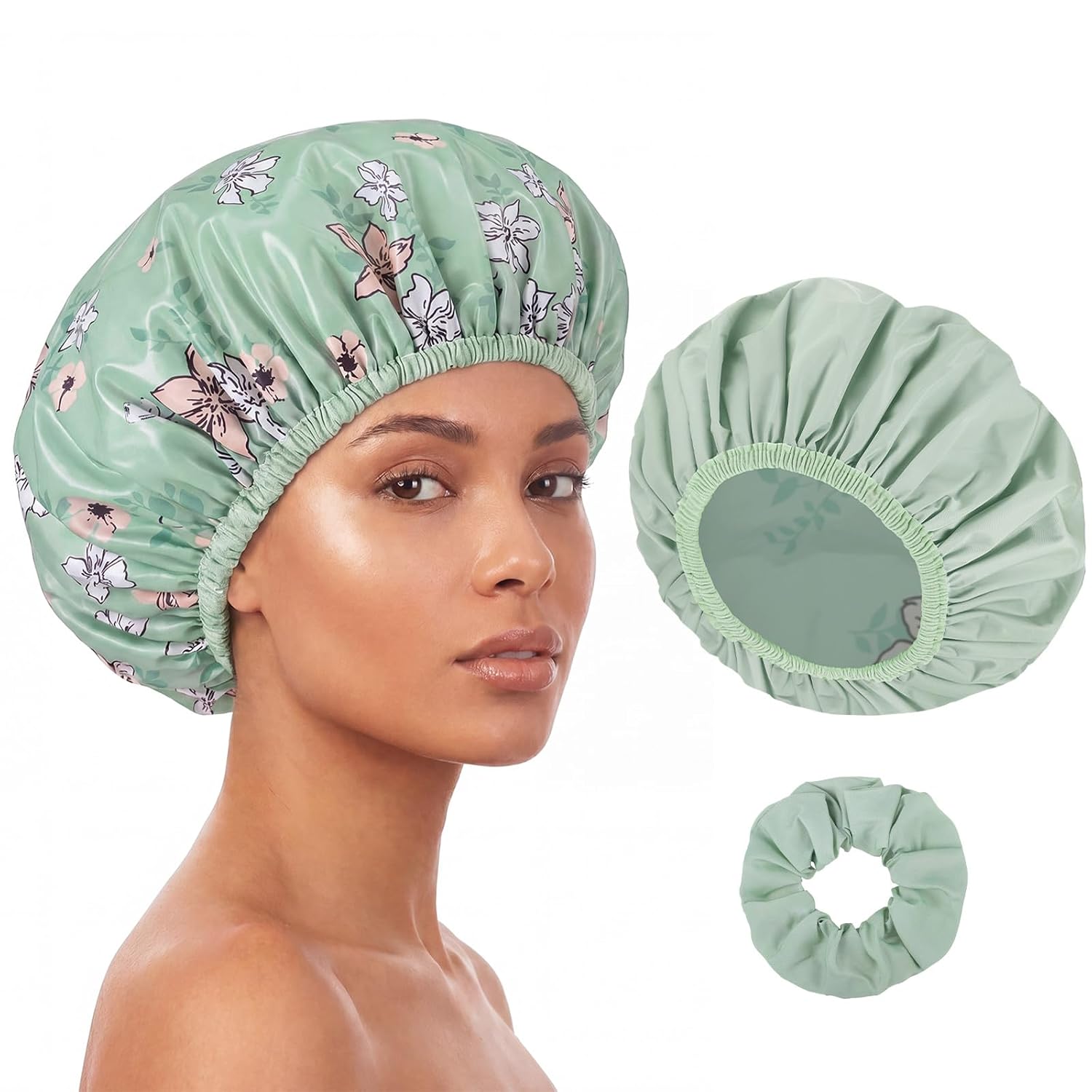 Pengxiaomei Large Double-Sided Shower Cap for Women, 2-in-1 Reusable Waterproof Cherry Print Bath Cap Pink Gifts for Women Girls Long Thick Hair