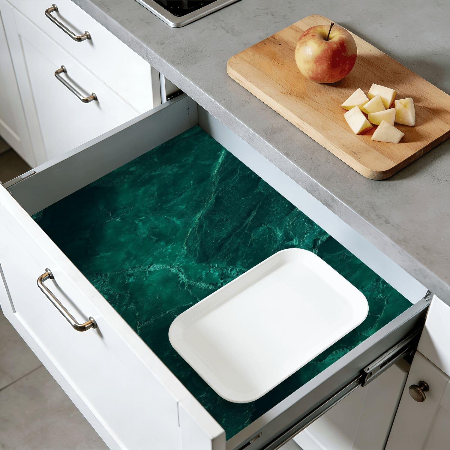 Rivestimento autoadesivo per mensole e armadi, effetto marmo, colore verde scuro, 45 cm x 3 m, carta da parati autoadesiva per armadi da cucina e cassetti