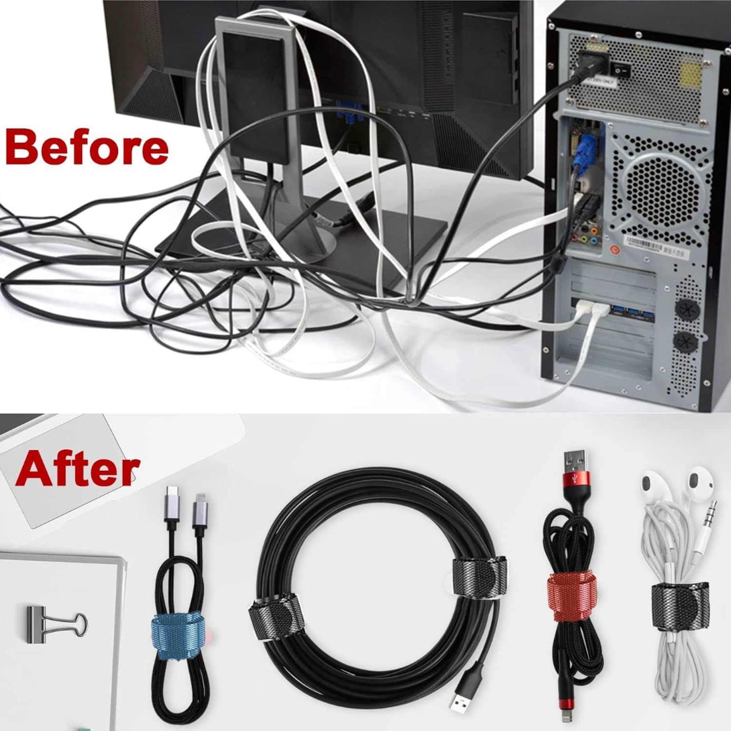 50 Pieces Reusable Hook and Loop Cable Ties, Self-Gripping Cord Organizer Straps for Wire Management and Bundling