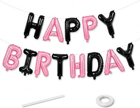 Happy Birthday Balloon Banner, Pastel Pink and Black Letter Foil Balloons, 16 Inch Black and Pink Foil Balloons for Girls Women Sweet Birthday Party Decorations Supplies