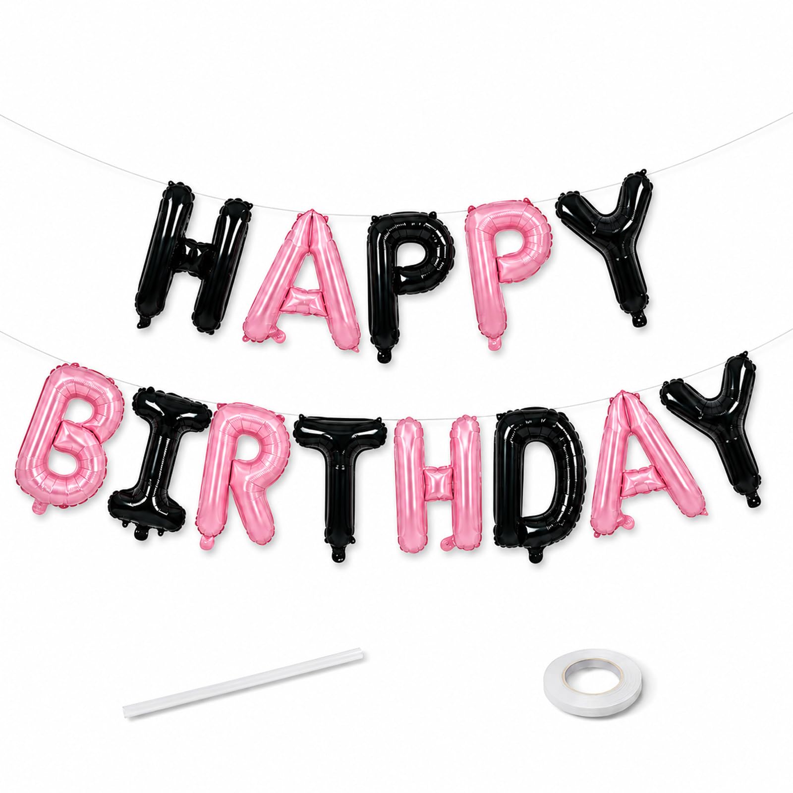 Happy Birthday Balloon Banner, Pastel Pink and Black Letter Foil Balloons, 16 Inch Black and Pink Foil Balloons for Girls Women Sweet Birthday Party Decorations Supplies