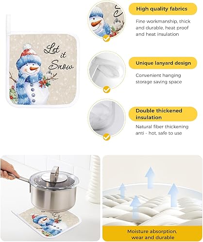 Miniatura 2 de Juego de 2 soportes para ollas de muñeco de nieve azules para cocina, platos para horno, almohadillas a prueba de calor con lazo para colgar,