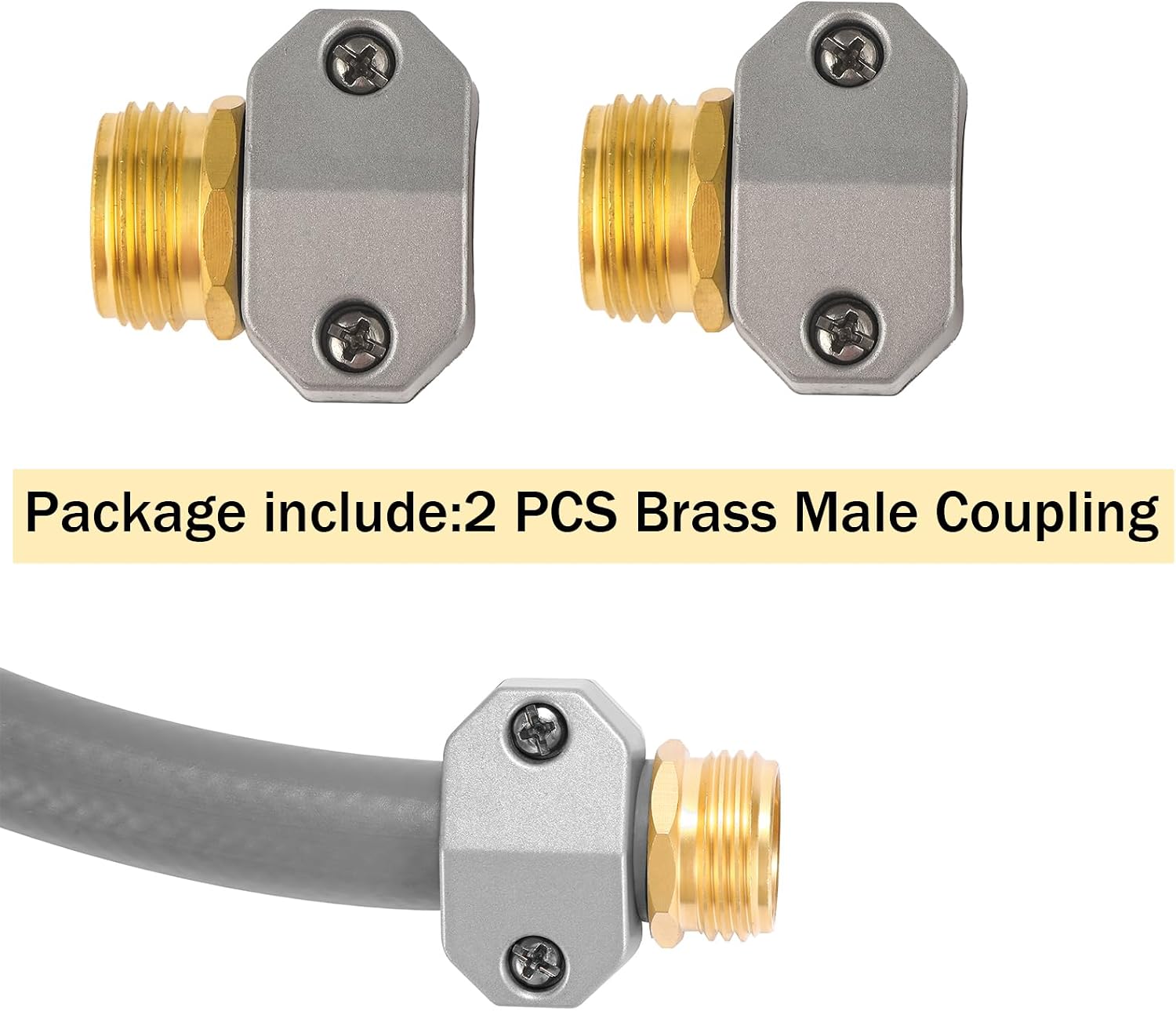 Package contents showing two brass male couplings and one coupling attached to a gray garden hose.