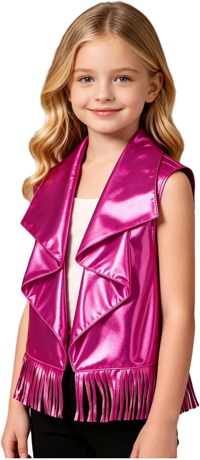 Sywiyi Girls Vest Sleeveless Tassel Metallic Jacket Open Front Cowgirl Cardigan Hip Hop Streetwear Outfit 6-16