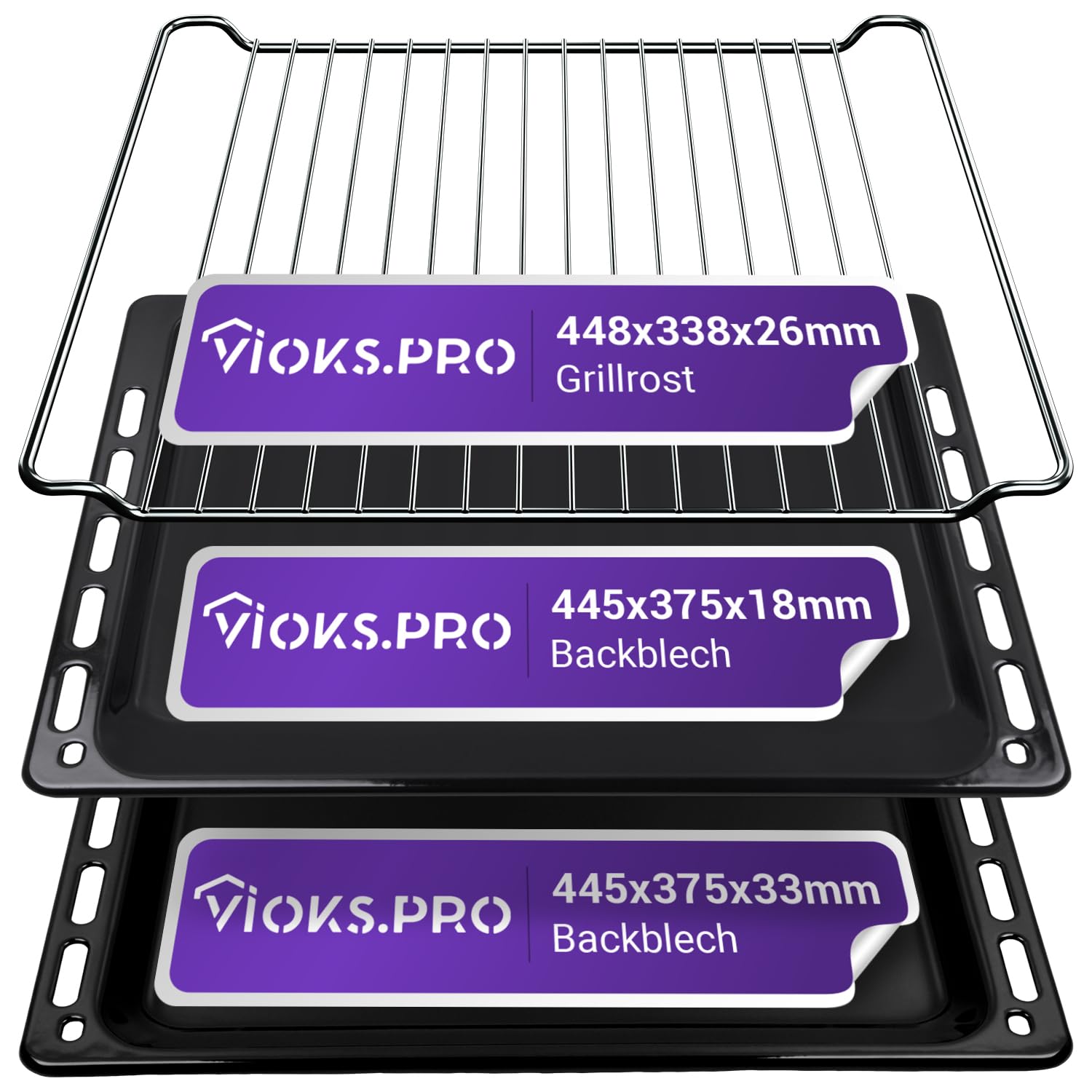 Viоks.pro 2x Backblech 445 x 375 + Rost Ersatz für Whirlpоol 481010683241 | Tiefes Blech, 44,5 x 37,5 x 3,3, Gitterrost Grill, für Ofen