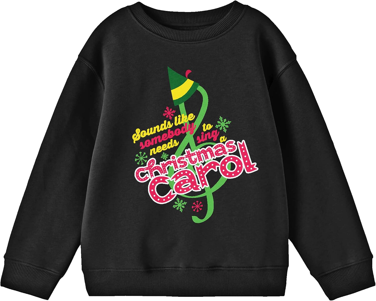 Bioworld Elf Sounds Like Somebody Needs to Sing a Christmas Carol Youth Black Crew Neck Sweatshirt