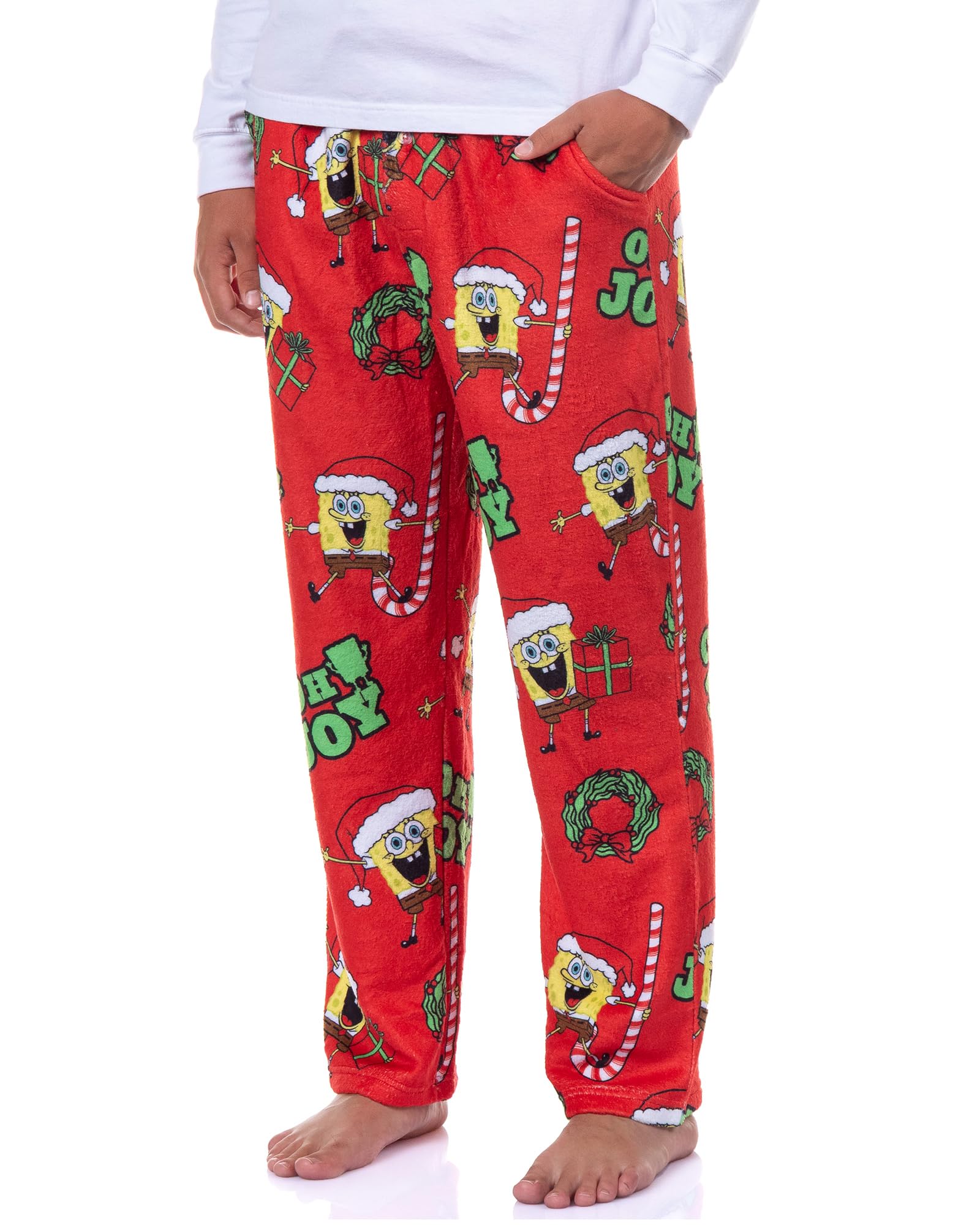 Intimo Men's Red Spongebob Squarepants Pajamas Oh Joy Santa Hat Fleece Lounge Pj Pants, S