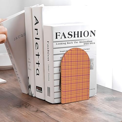 Miniatura 5 de Book Ends for Shelves 1 Pair - Retro Light Yellow Plaid Print Wood with Metal Base Bookends for Heavy Books, Book Stand Organizer Holder for Books