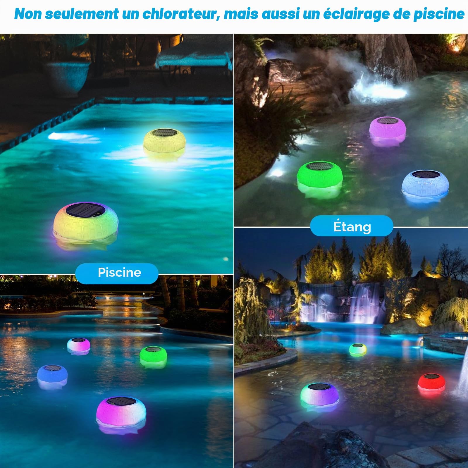 Qoolife Grand doseur Flottant pour jusqu'à 4 pastilles de Chlore - Lumière Solaire LED - 7 Couleurs - Distributeur de Chlore pour Piscine - avec télécommande réglable et Pliable