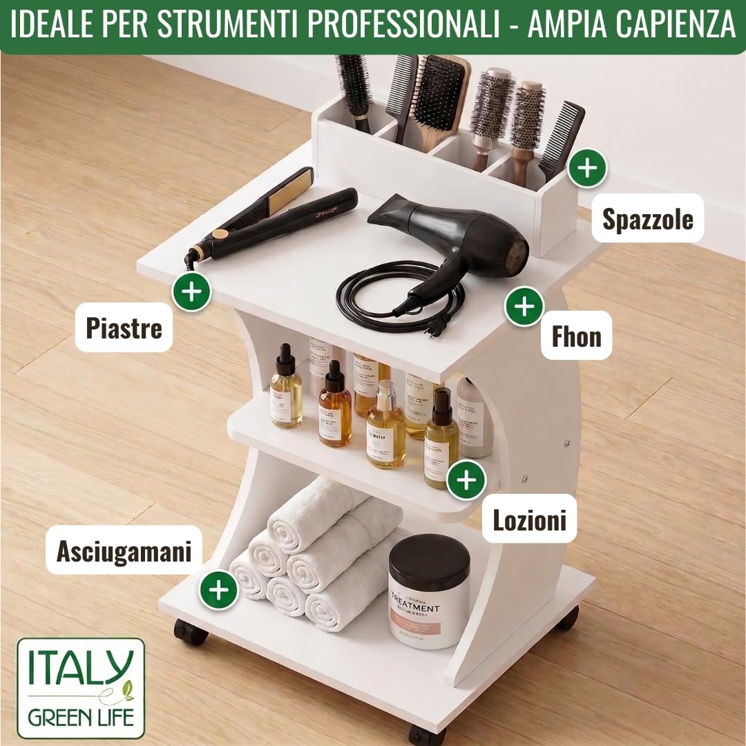 Italy Green Life - Carrello Curvo con Ruote Multiuso in Legno a 3 Ripiani - Mobiletto Salvaspazio 45x45x80 cm - Carrello Estetista - Tavolino con Rotelle Silenziose - Made in Italy