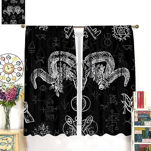 Vista 448 de Cortinas de cabeza de cabra, misteriosa cabeza de cabra malvada, calavera negra, bolsillo para barra, cortinas opacas para ventana, juego de 2
