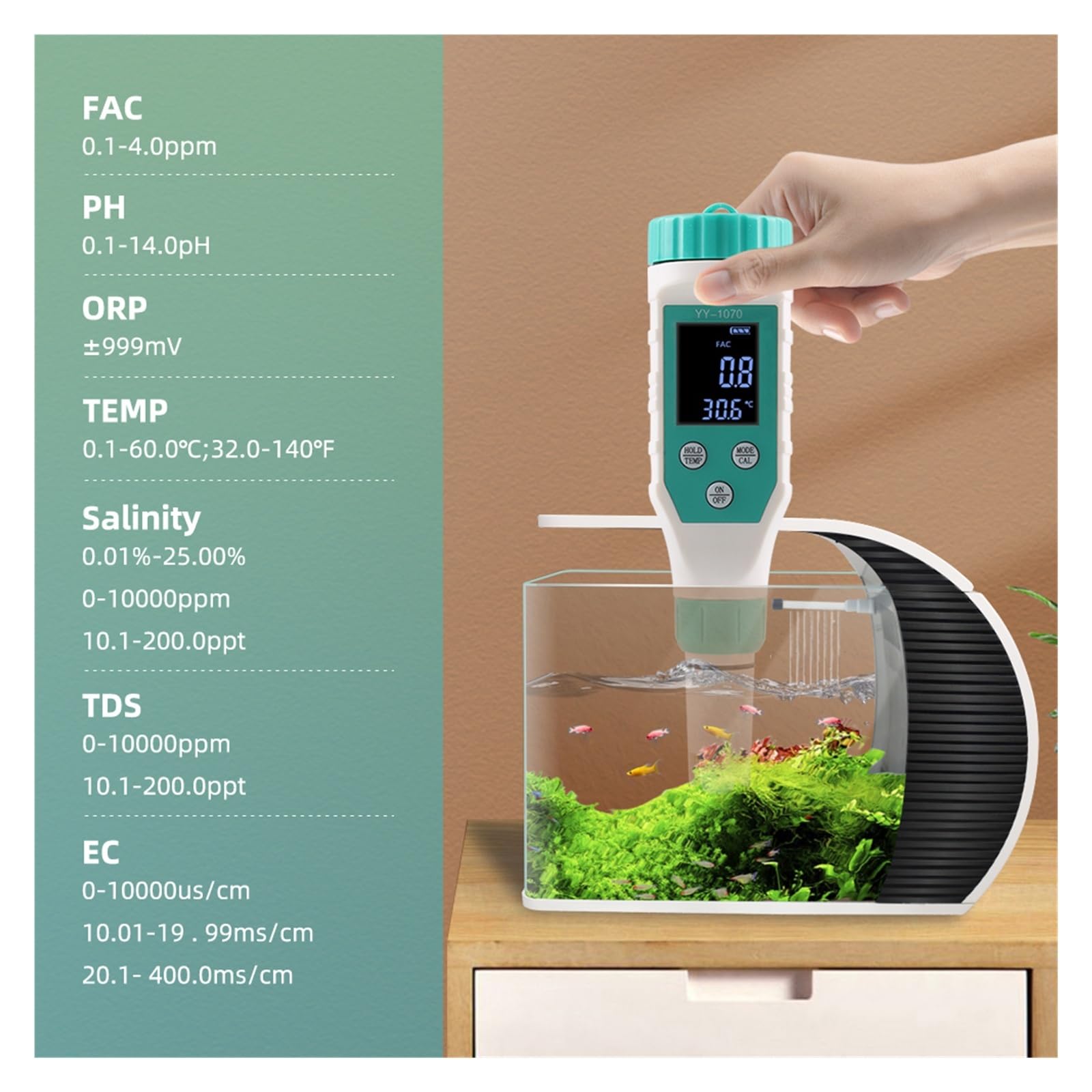Medidor digital de cloro y pH 7 en 1, medidor de sal, ORP, TDS, CE y temperatura, analizador de calidad del agua.