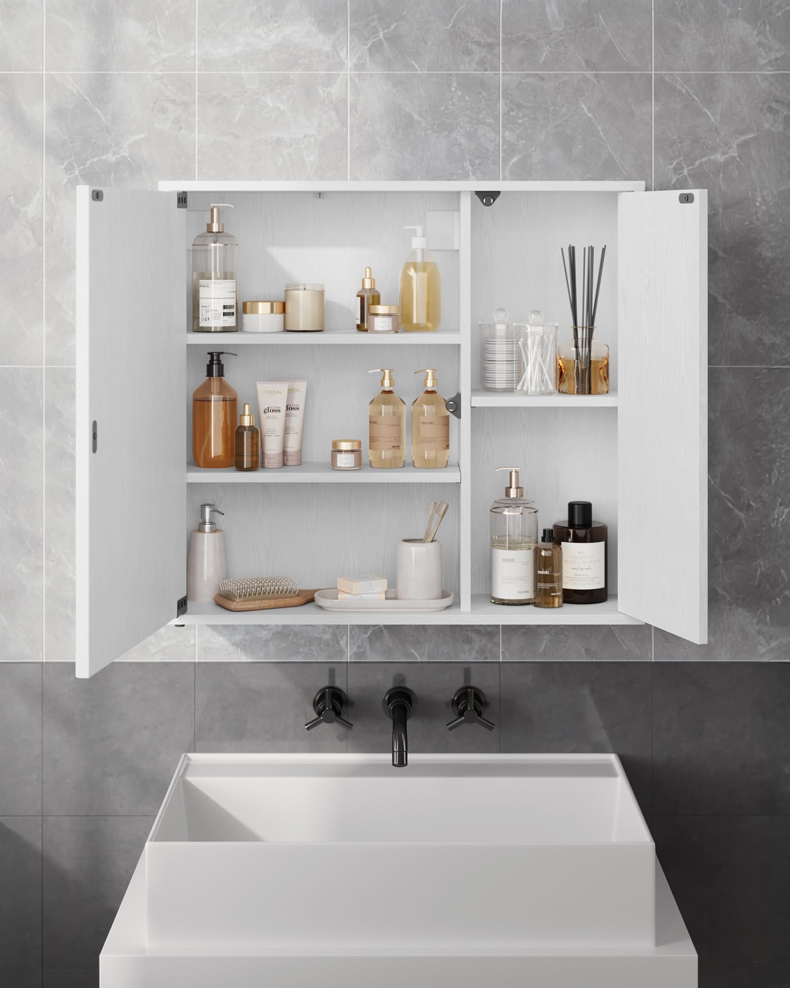 SONGMICS Home Szafka łazienkowa Mirror, technologia beznarzędziowa, superszybki montaż bez użycia narzędzi, lustro łazienkowe, regulowane półki, nowoczesne, 15 x 60 x 55 cm, Snow White BBC114WE01