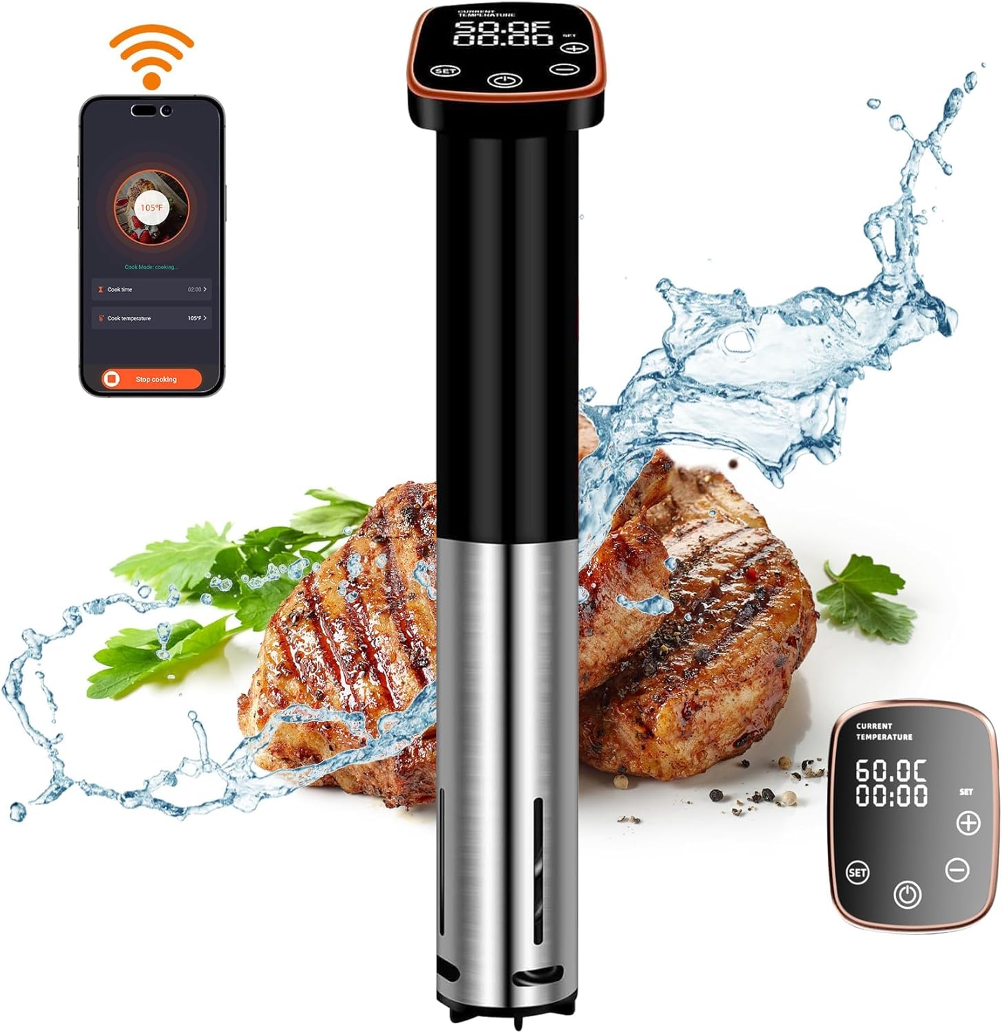 WIFI Sous Vide Machine 1100 W Sous Vide Cooker Precisional Souvie Cooker Ultra Quiet Immersion Circulator with Recipes on APP, Fast-Heating, Temperature Control, Digital Time Control