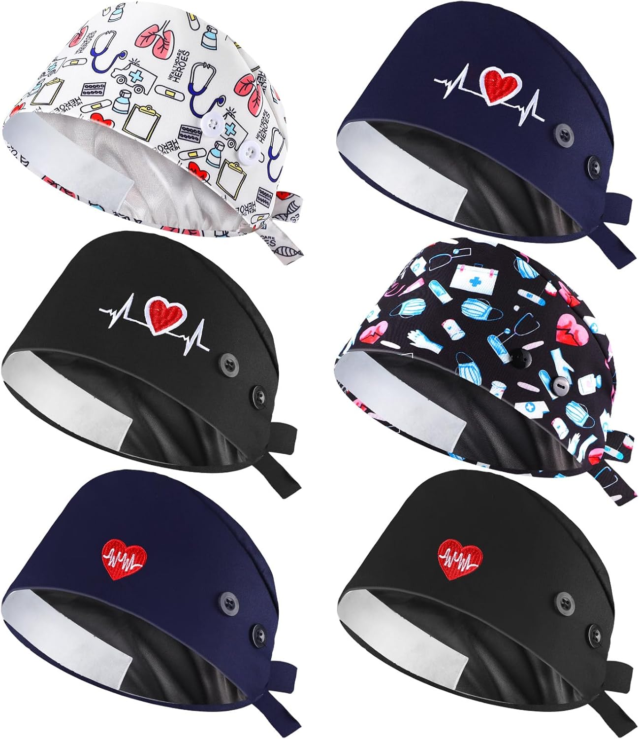 Maiteenly 6 Pcs Satin Lined Scrub Caps Women Bouffant Nursing Hats with Button and Sweatband Adjustable Working Hat