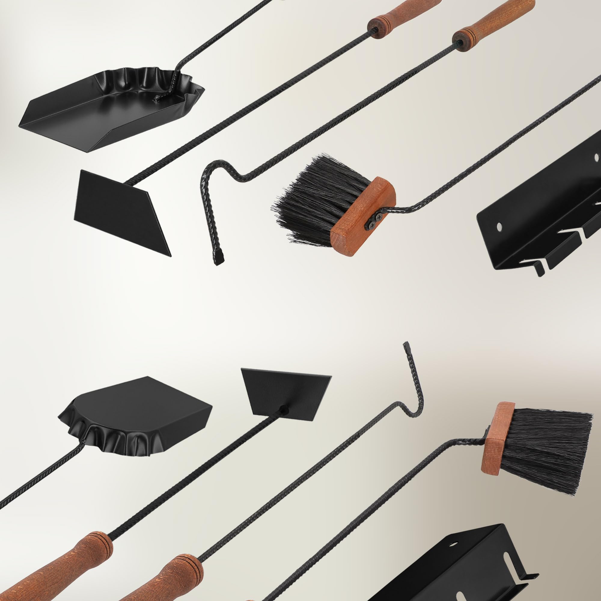 KOTARBAU® Juego de utensilios para chimenea, color negro, modernos, accesorios para estufa, juego de cepillo, pala, rascador de cenizas, juego de limpieza de acero y madera, accesorios para chimenea