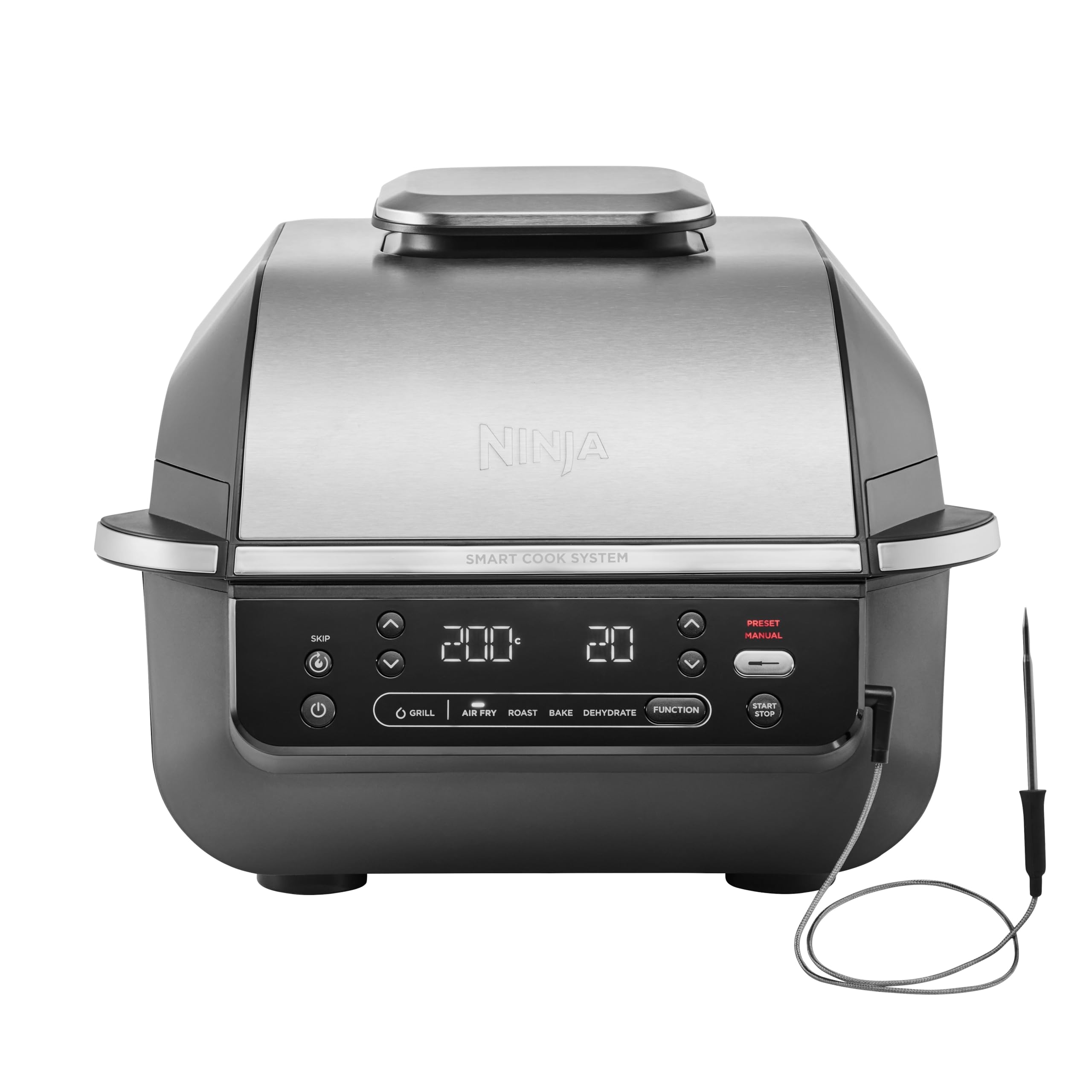 Ninja 5 en 1 Freidora de aire y parrilla de interior, 5 funciones de cocción sin humo, cocina hasta 4 hamburguesas, capacidad de 5,7 l, incluye termómetro digital para carne, negro/plata, EG351EU