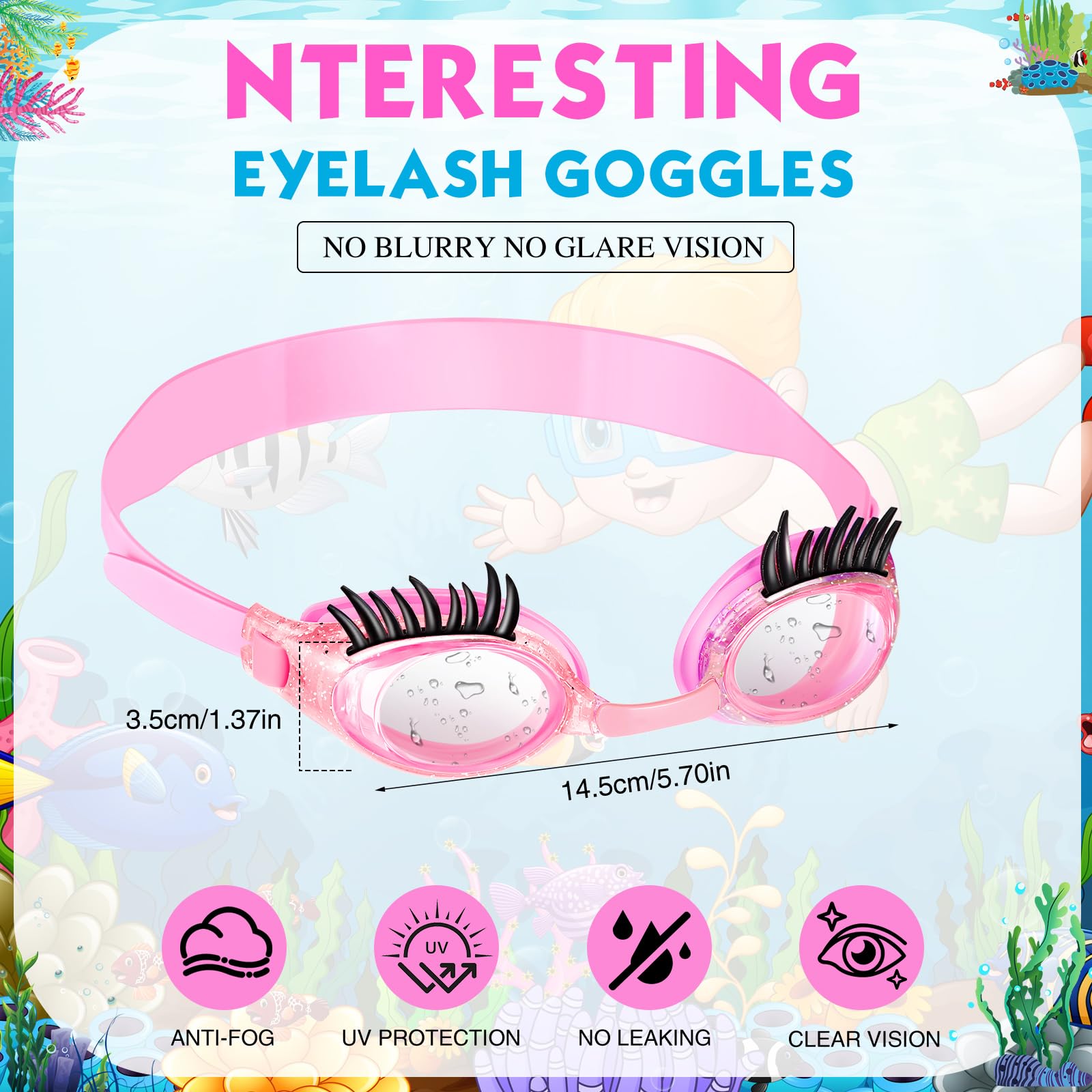 Konohan Lot de 2 paires de lunettes de natation amusantes pour filles - Anti-fuite - Anti-buée - Anti-buée - Pour extensions de cils