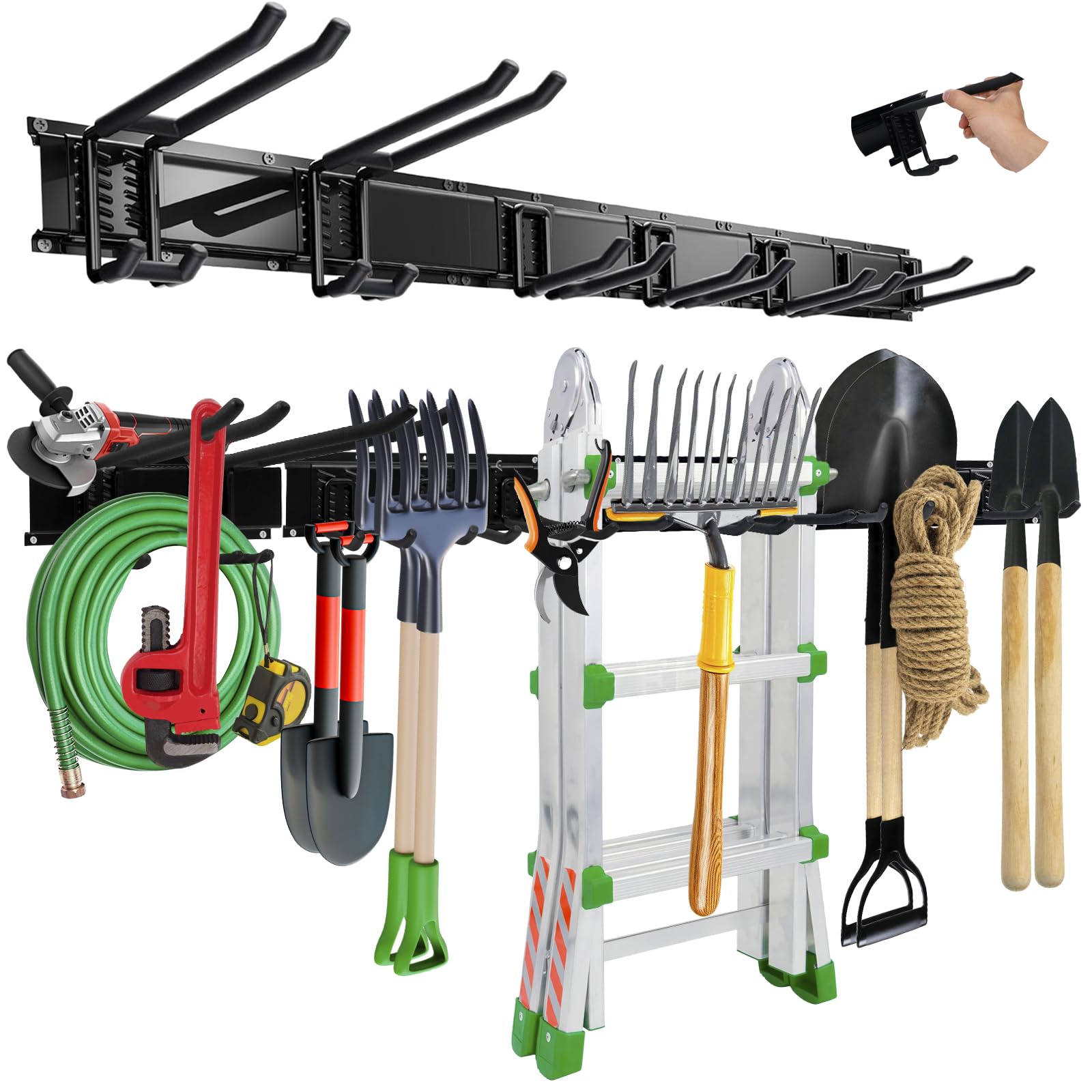 Garagen-Organisation, Wandhalterung, Werkzeugregal, 162 cm, 280 kg, robust, verstellbar, 10 Haken, Gartenwerkzeughalter, rostfreie Haken zum Aufhängen, Aufbewahrung für Schaufel, Rechen, Besen