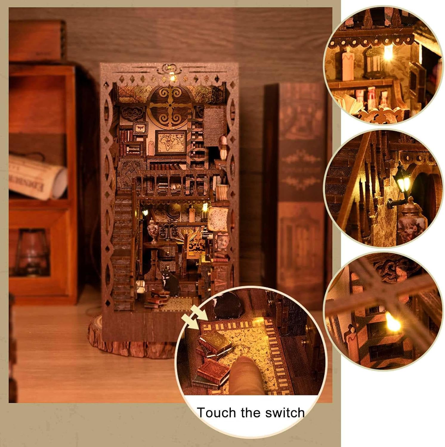 Model edukacyjny Zestaw kącika książek, DIY domek dla lalek Booknook wstaw wystrój alei, drewniane puzzle 3D ze światłem, edukacyjne zestawy do budowania półek na książki, budowanie modeli regałów